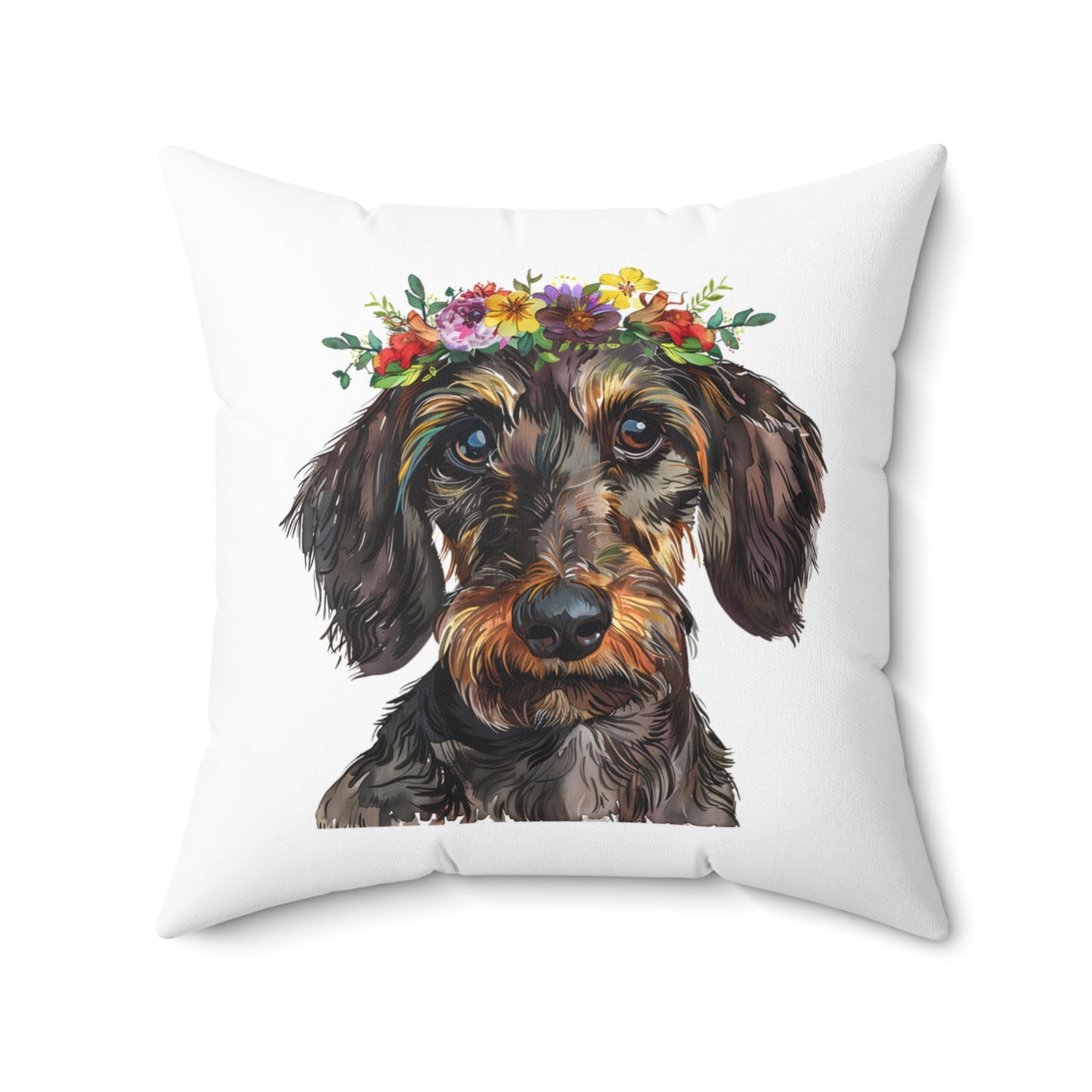 "Daisy Chain" Wire-Haired Dachshund Square Throw Pillow
