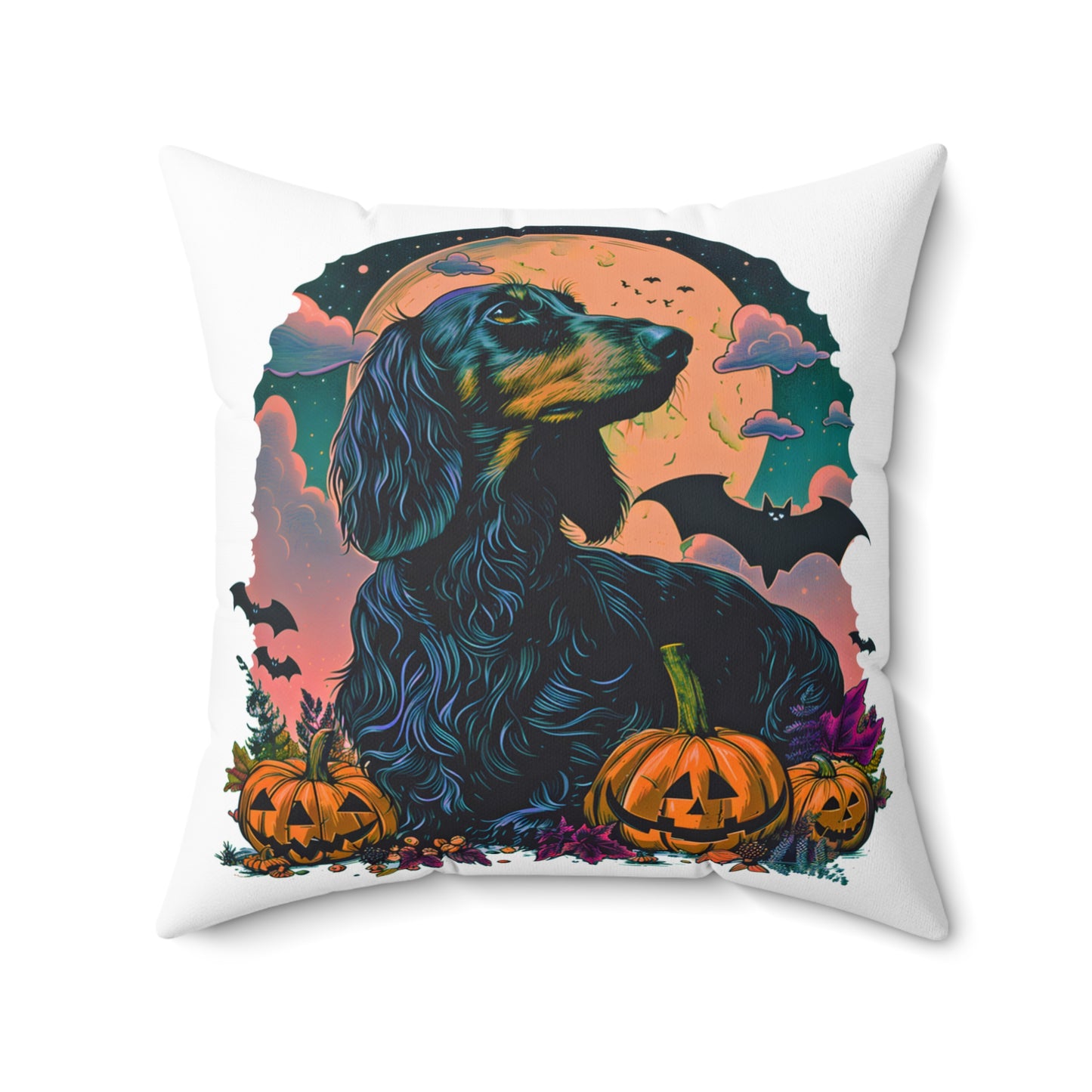 #15 Halloween Inspired Black & Tan Long-Haired Dachshund Throw Pillow