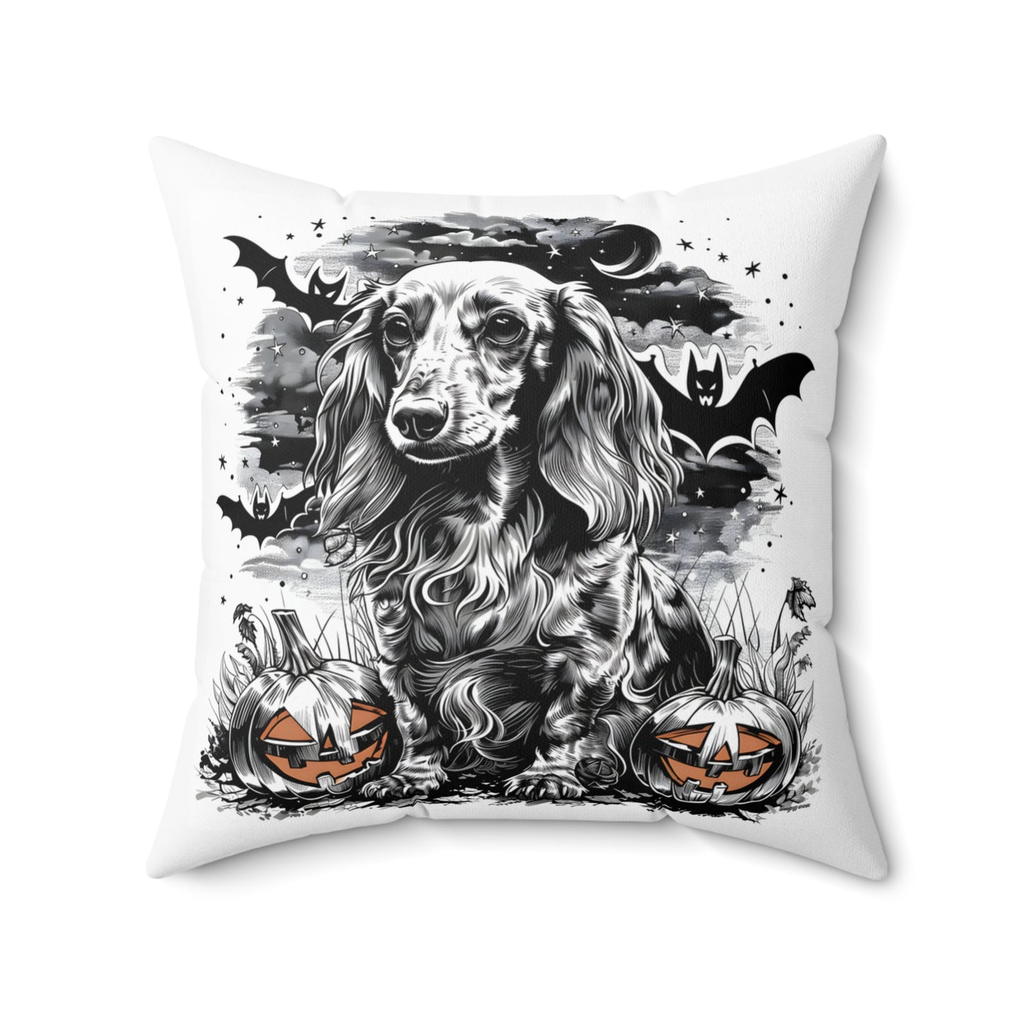 #13 Halloween Inspired Cream-Colored Long-Haired Dachshund Throw Pillow