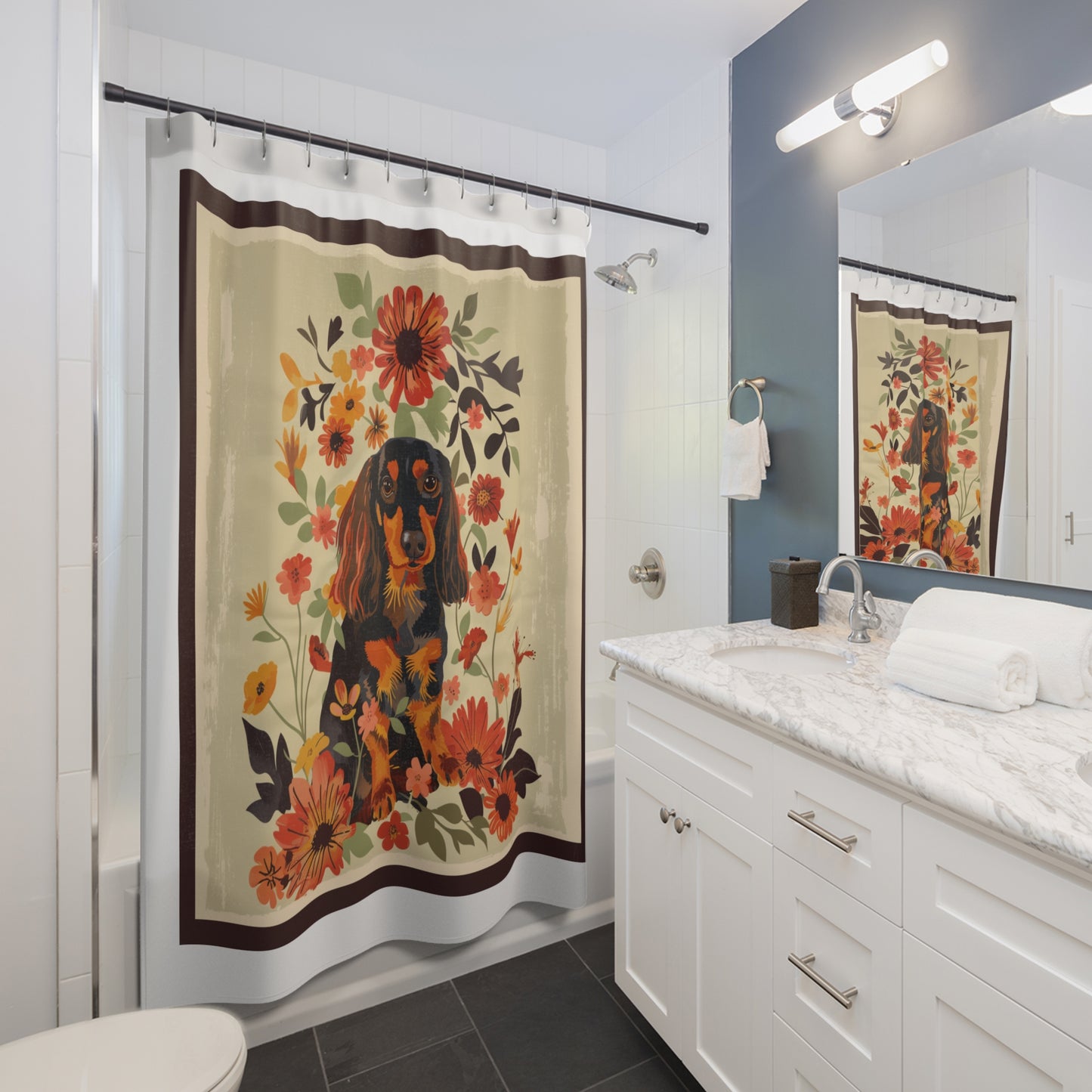 "Bouquet" Black & Tan Long-Haired Dachshund Tan/White Shower Curtain