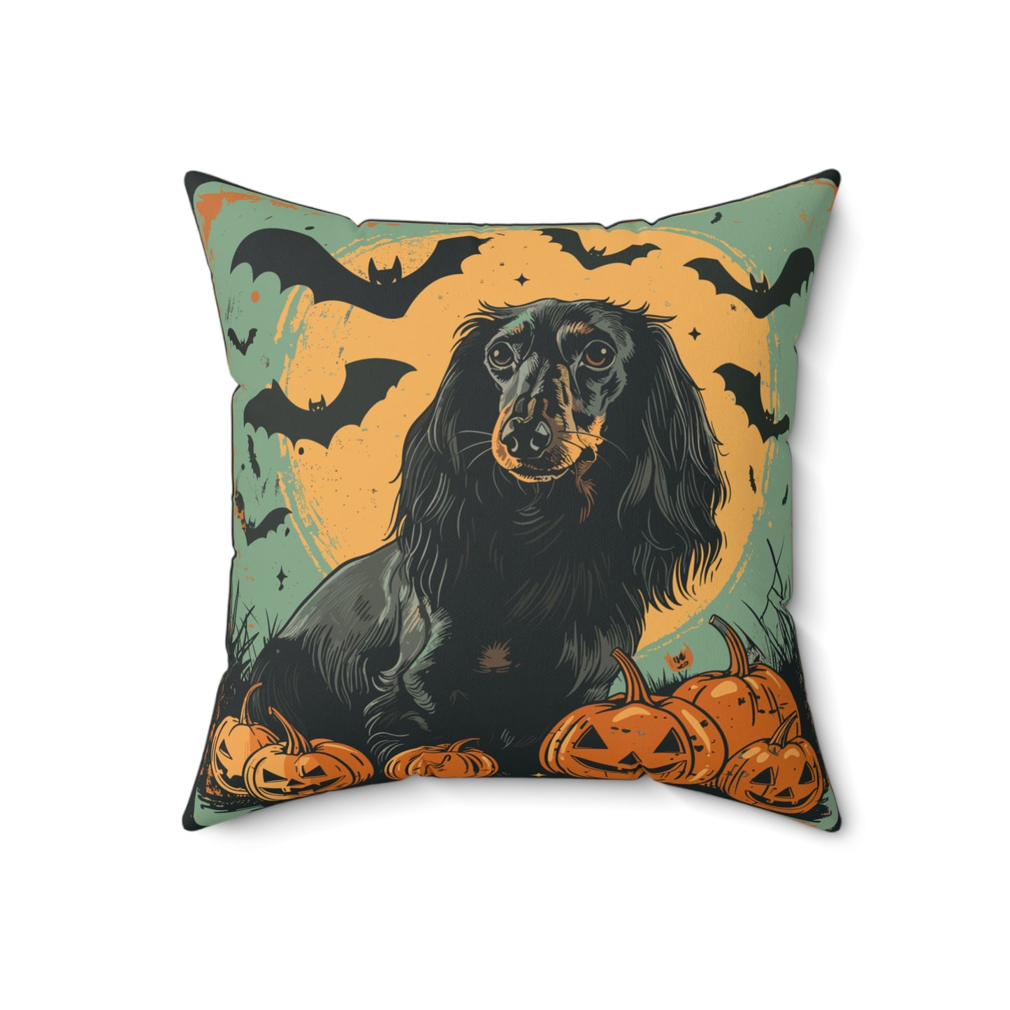 #19 Halloween Inspired Black & Tan Long-Haired Dachshund Throw Pillow