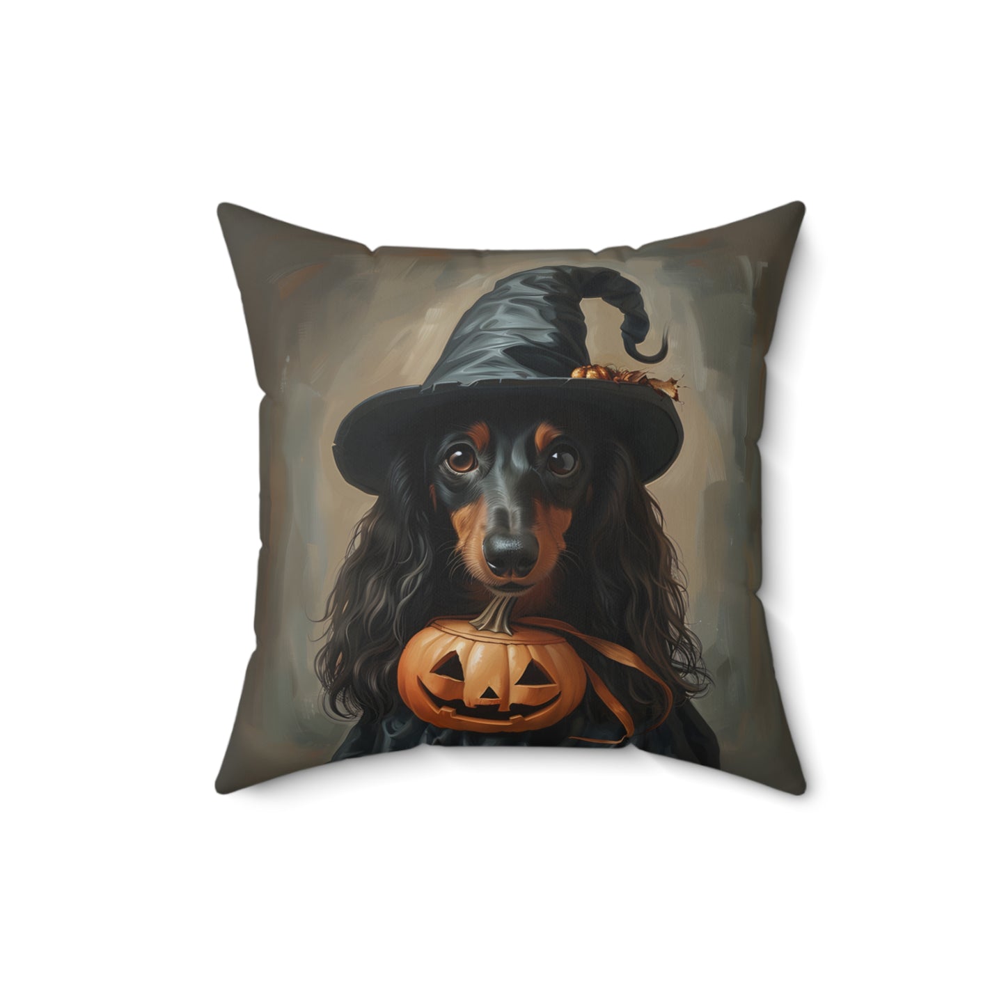 #14 Halloween Inspired Black & Tan Long-Haired Dachshund Throw Pillow