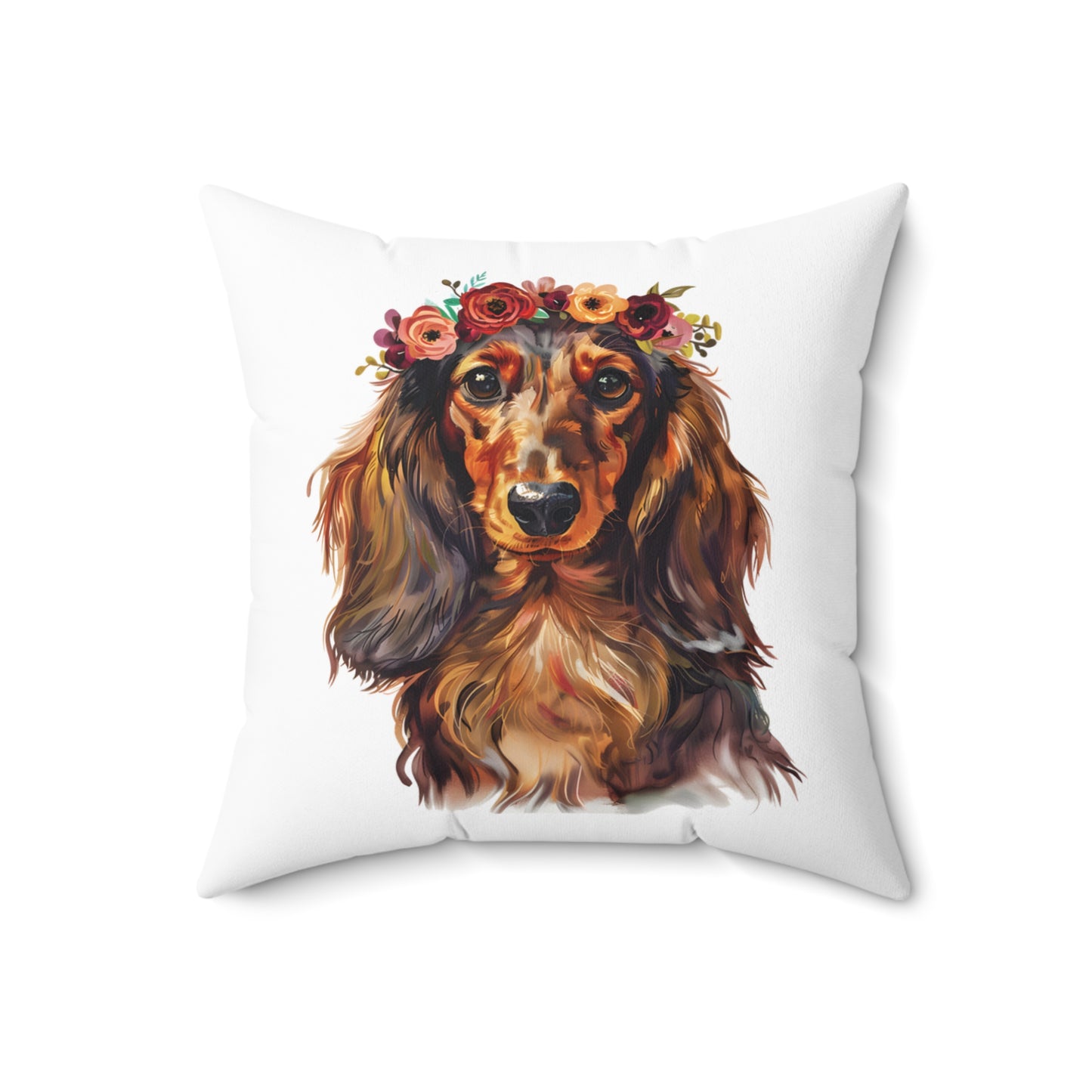"Rubies" Long-Haired Dachshund Square Throw Pillow