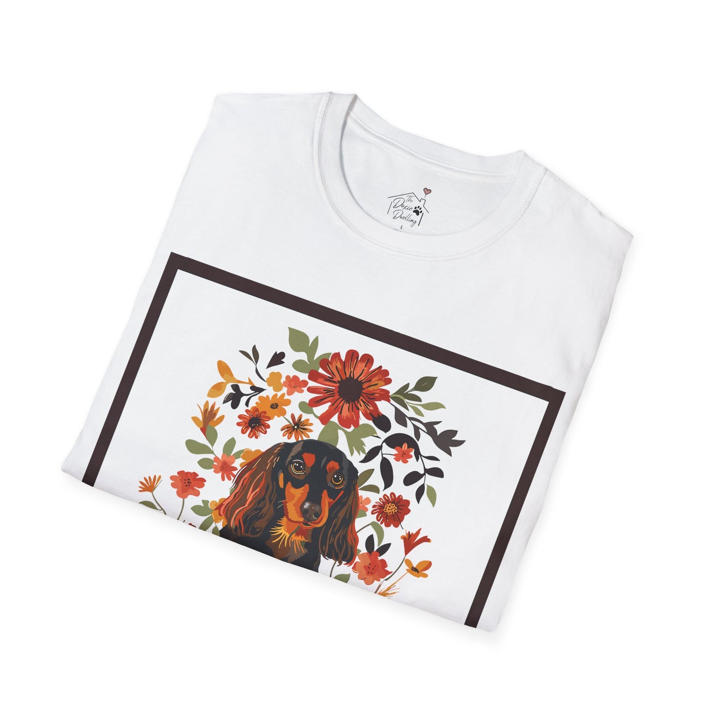 "Bouquet" Black & Tan Long-Haired Dachshund Unisex Softstyle T-Shirt