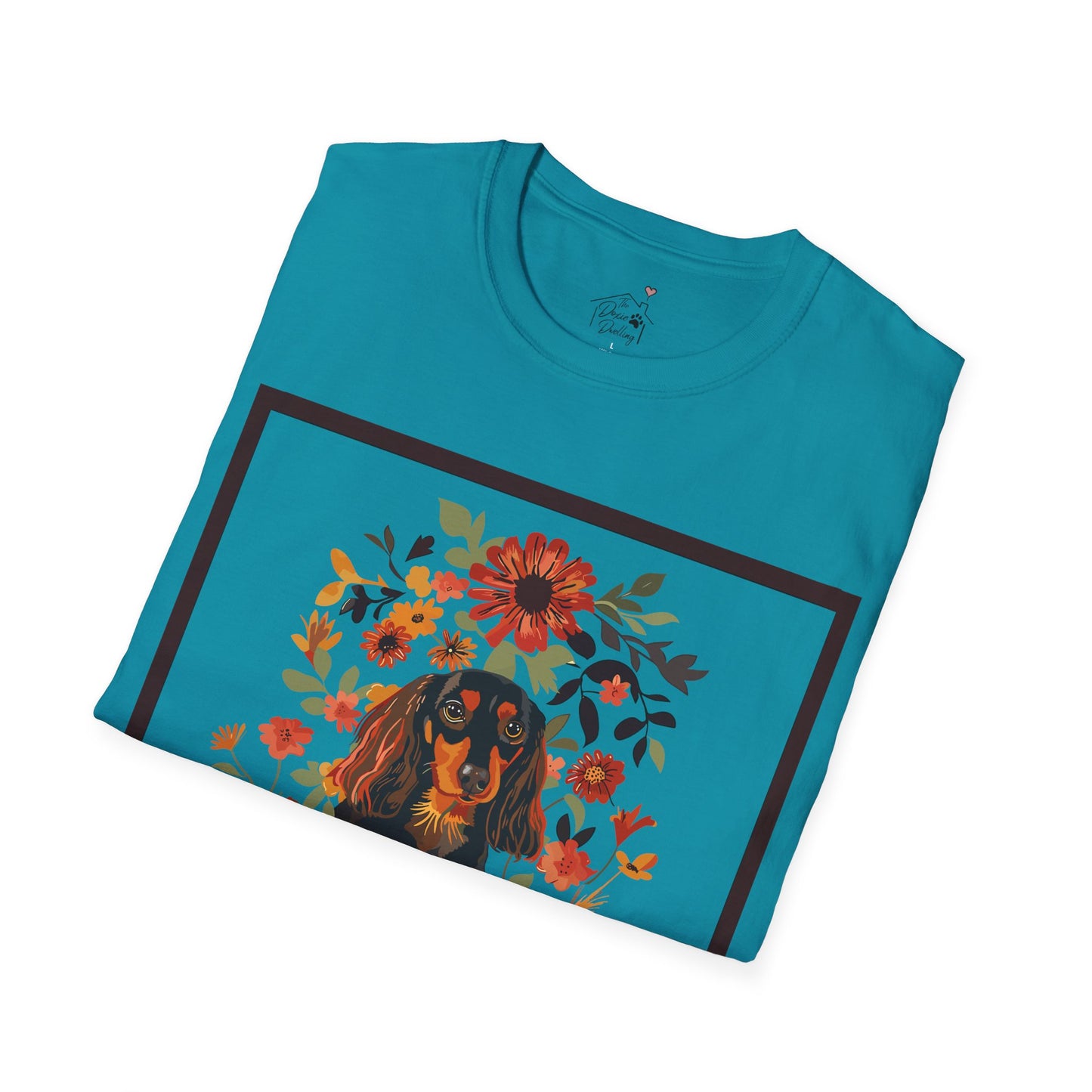 "Bouquet" Black & Tan Long-Haired Dachshund Unisex Softstyle T-Shirt