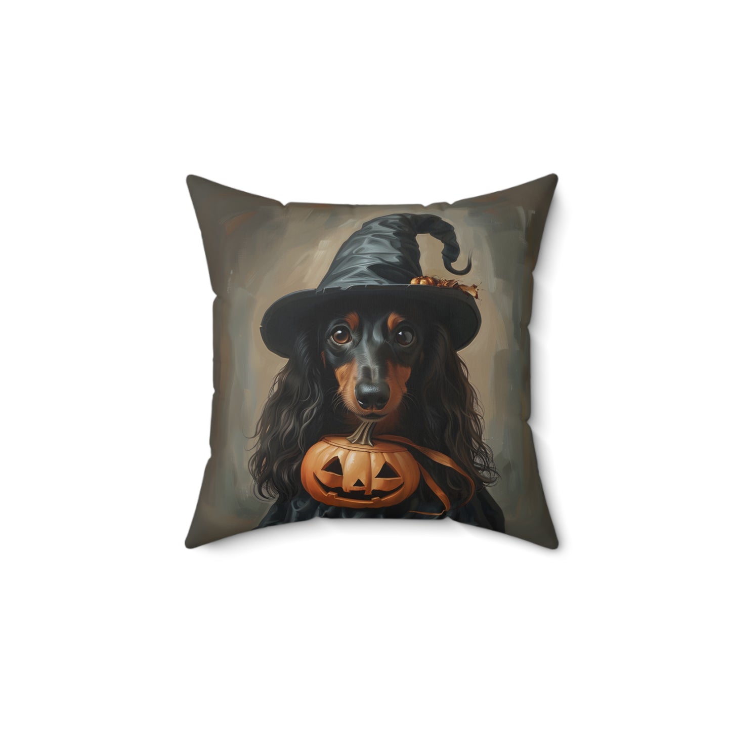 #14 Halloween Inspired Black & Tan Long-Haired Dachshund Throw Pillow
