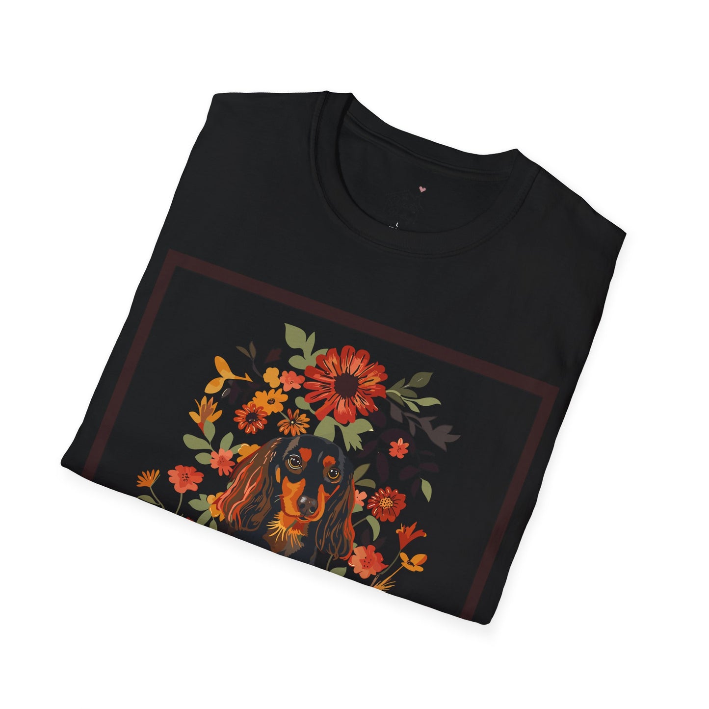 "Bouquet" Black & Tan Long-Haired Dachshund Unisex Softstyle T-Shirt