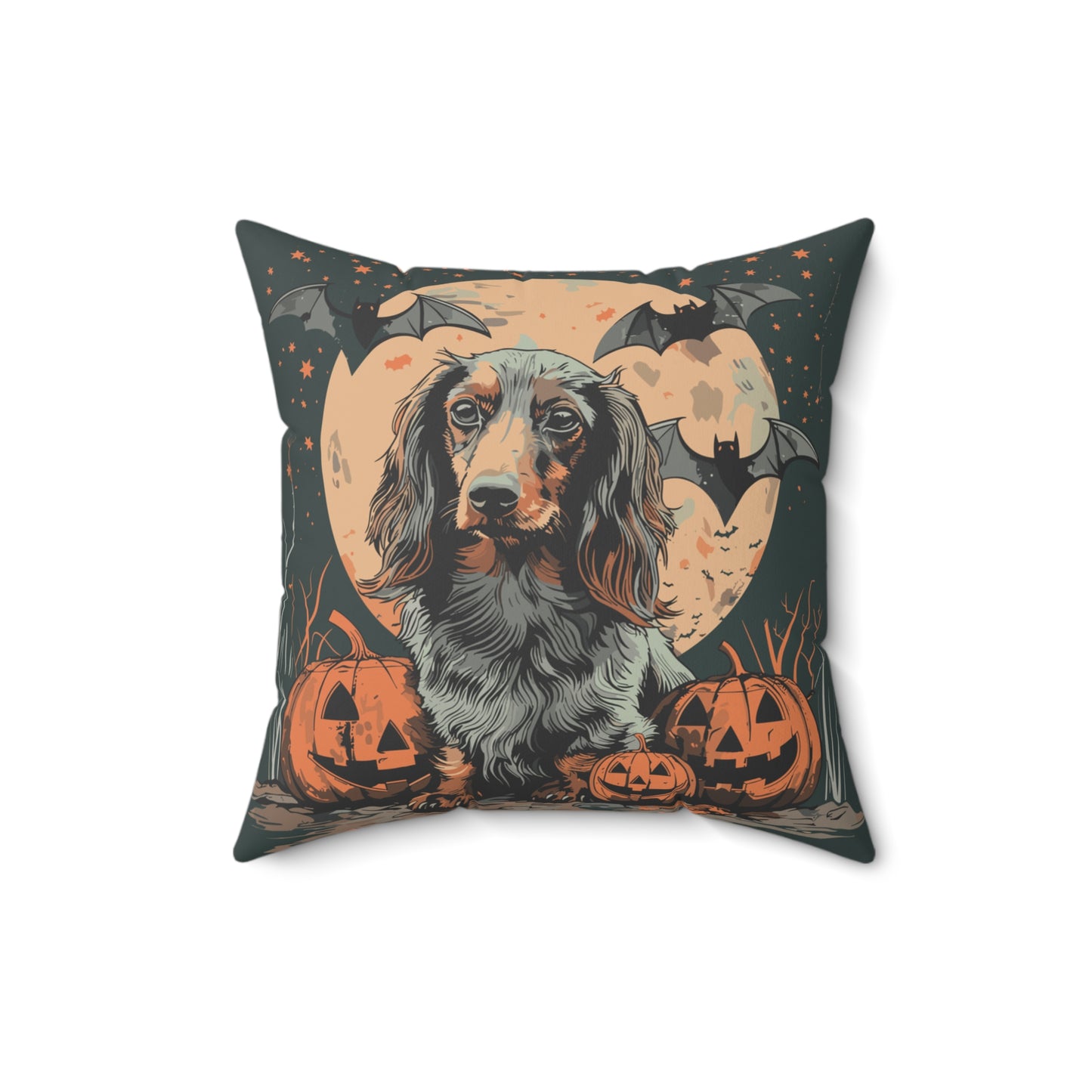 #12 Halloween Inspired Black & Tan/Chocolate Long-Haired Dachshund Throw Pillow