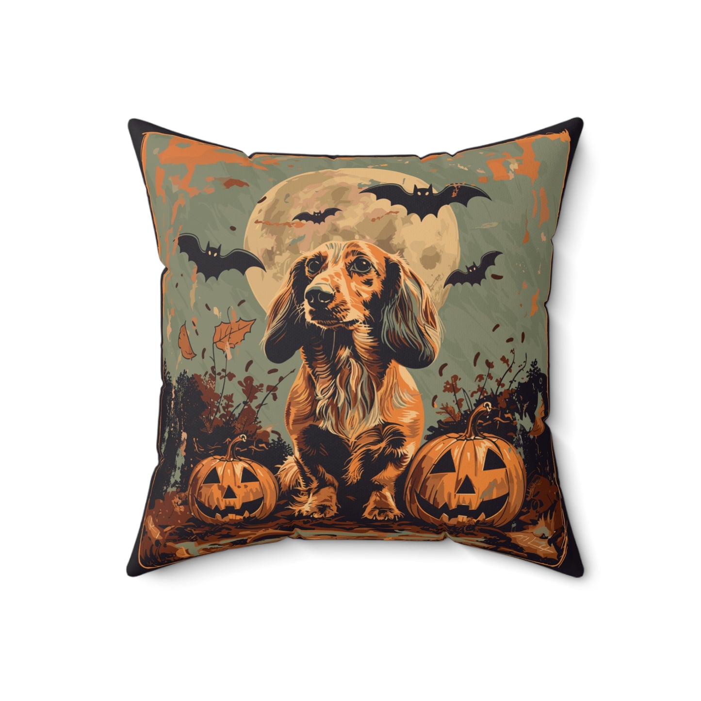 #21 Halloween Inspired Tan Long-Haired Dachshund Throw Pillow
