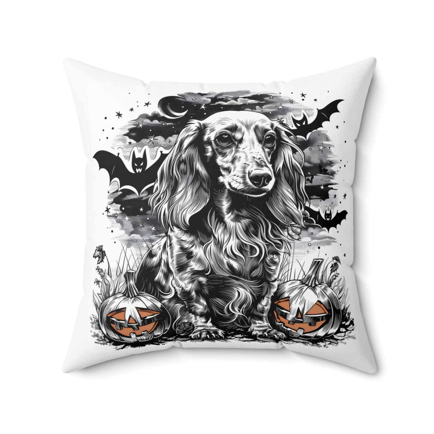 #13 Halloween Inspired Cream-Colored Long-Haired Dachshund Throw Pillow