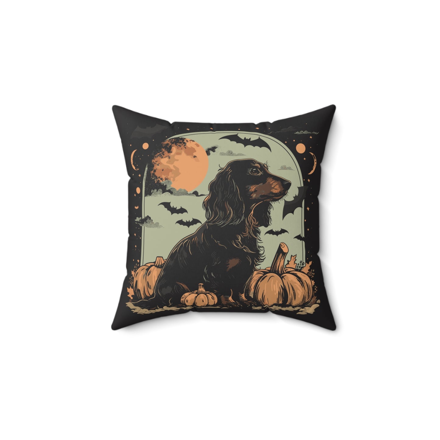 #18 Halloween Inspired Black & Tan Long-Haired Dachshund Throw Pillow
