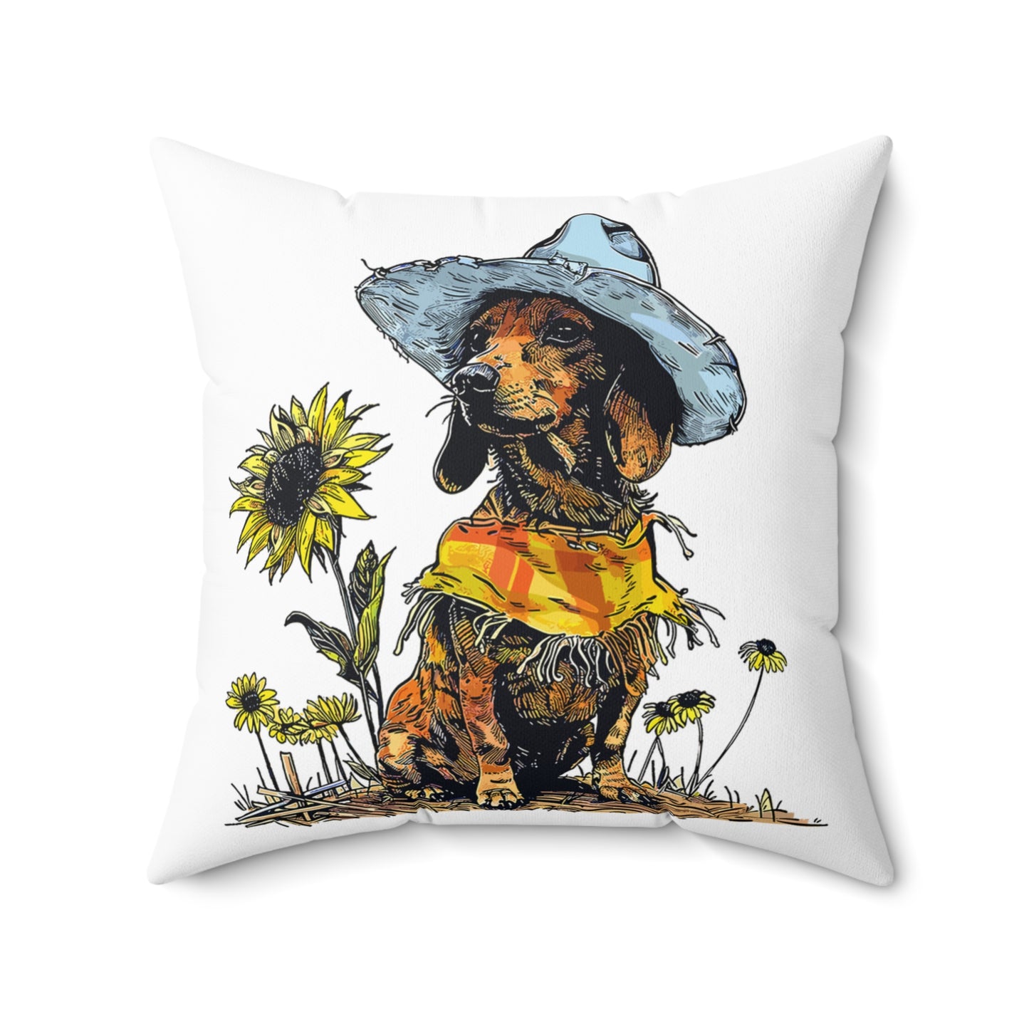 "Sunflowers" Smooth-Haired Dachshund Square Throw Pillow