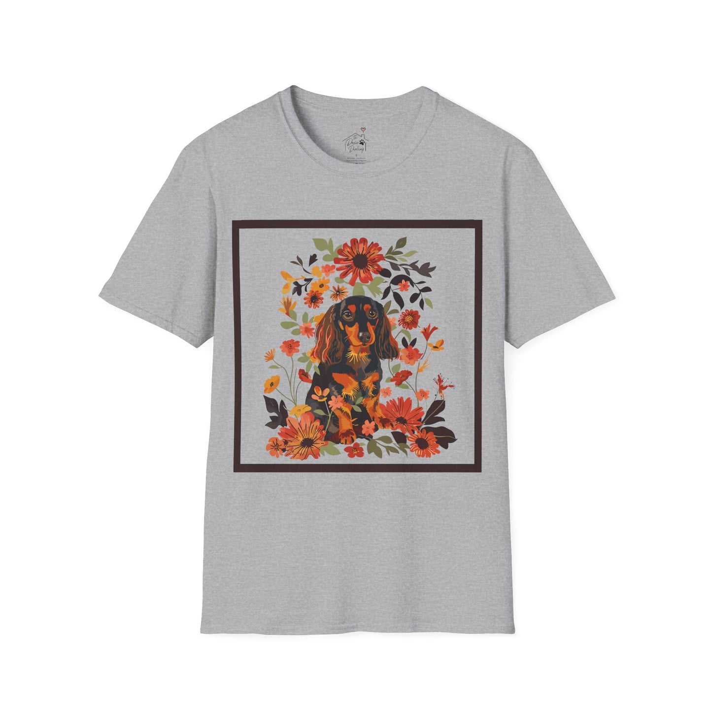 "Bouquet" Black & Tan Long-Haired Dachshund Unisex Softstyle T-Shirt