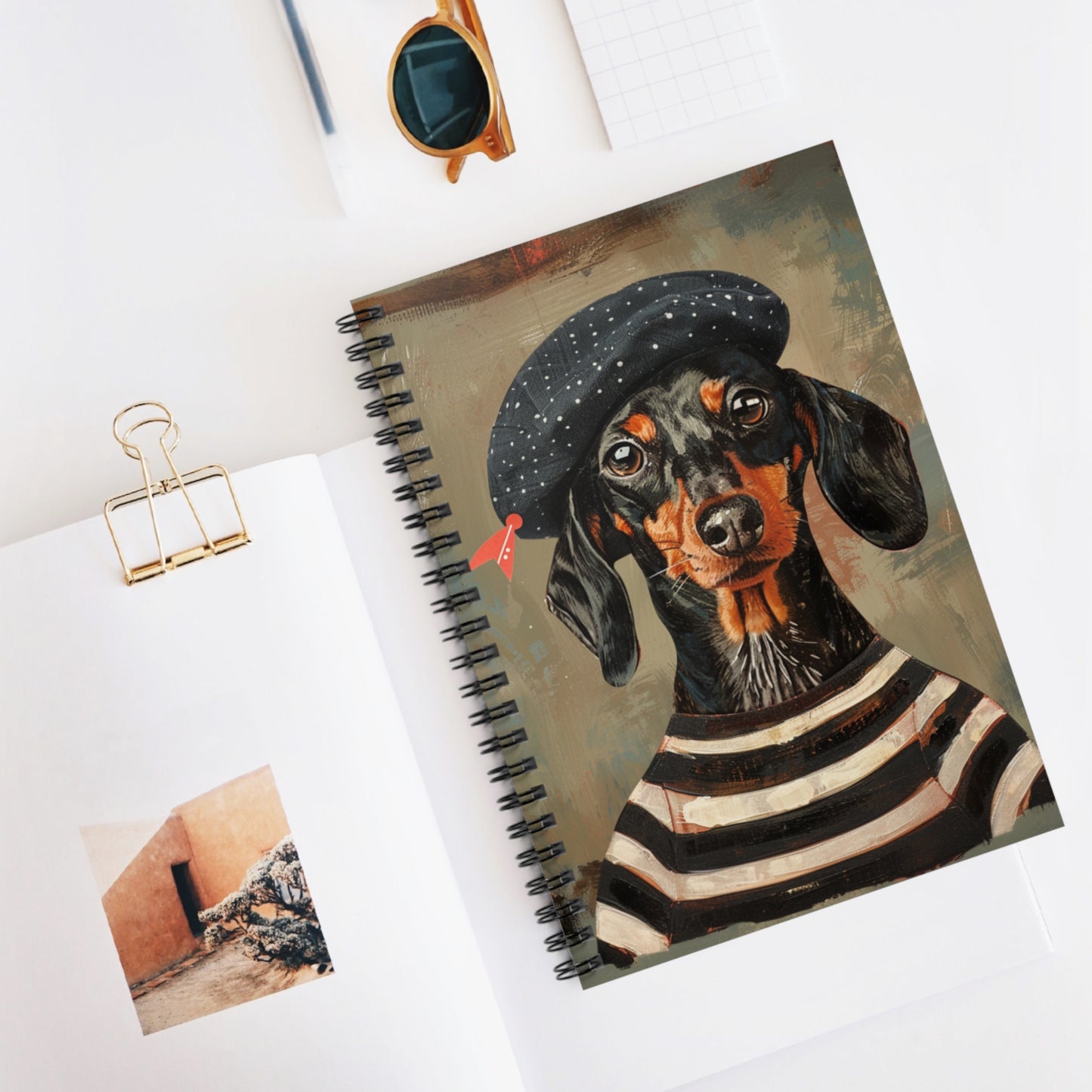 "Beret" Black & Tan Smooth-Haired Dachshund Ruled Line Spiral Notebook