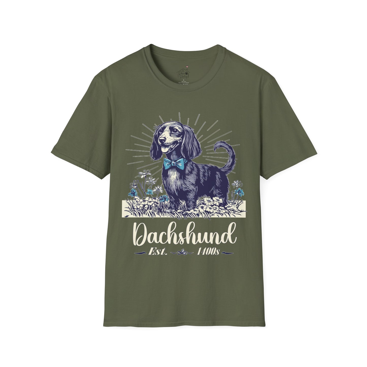 "Circa" Black & Tan Long-Haired Dachshund Unisex Softstyle T-Shirt