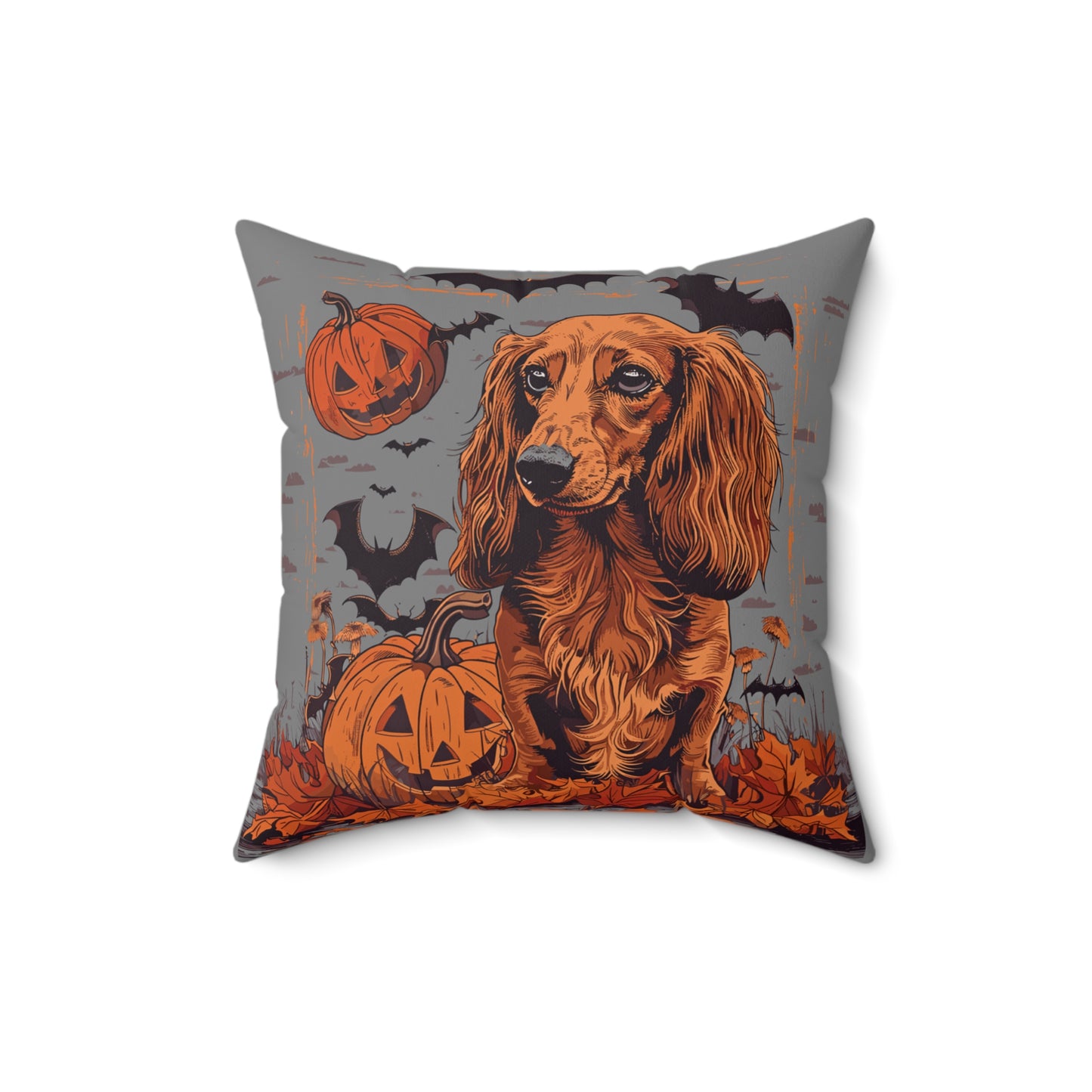 #24 Halloween Inspired Red Long-Haired Dachshund Throw Pillow