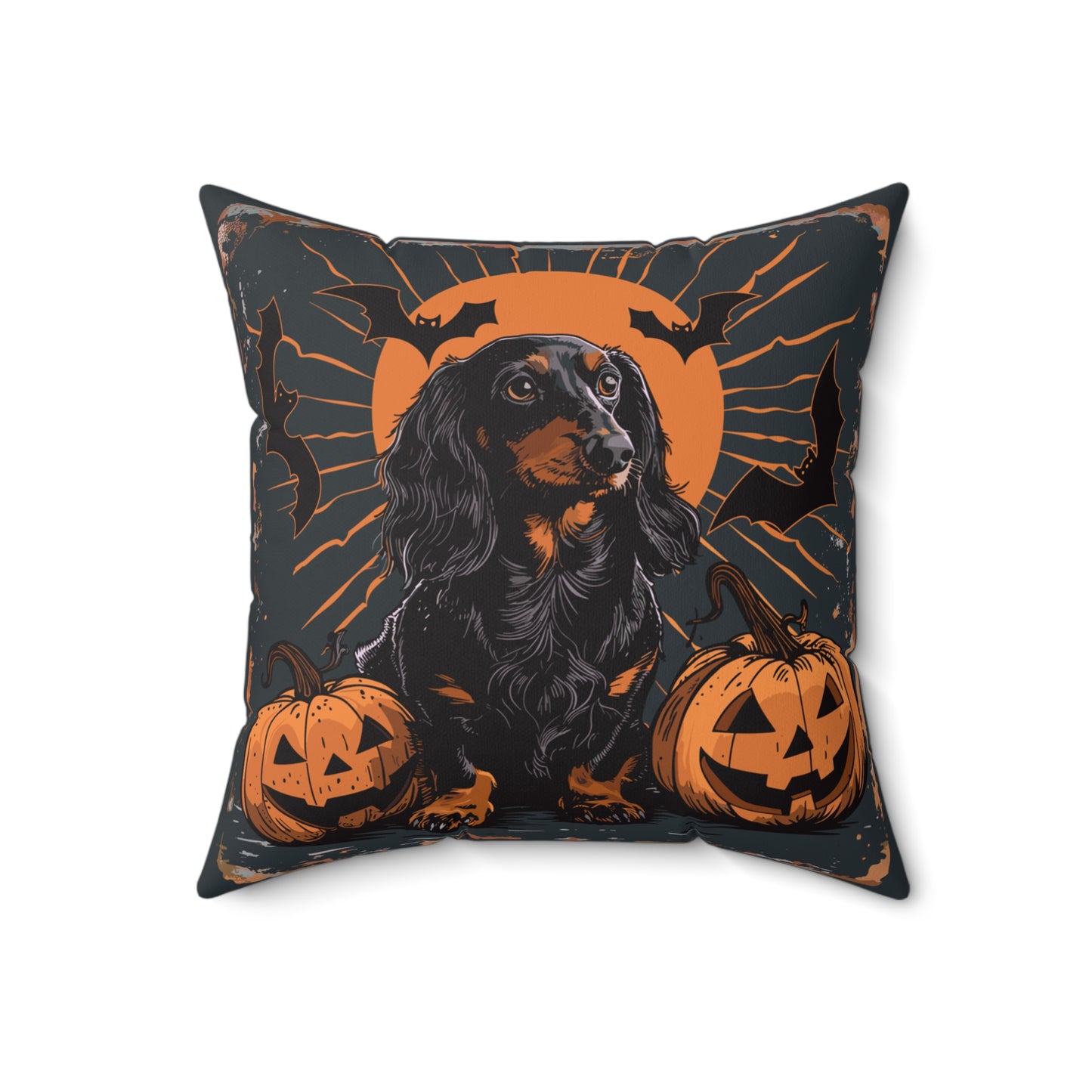 #23 Halloween Inspired Black & Tan Long-Haired Dachshund Throw Pillow