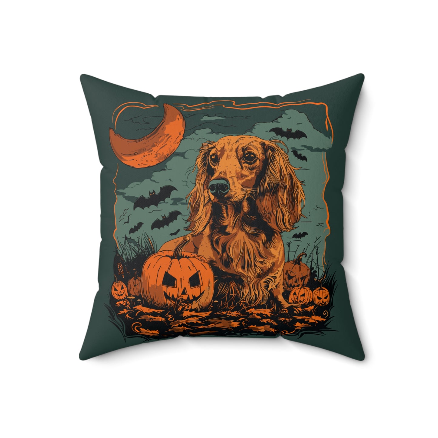 #16 Halloween Inspired Red/Tan Long-Haired Dachshund Throw Pillow