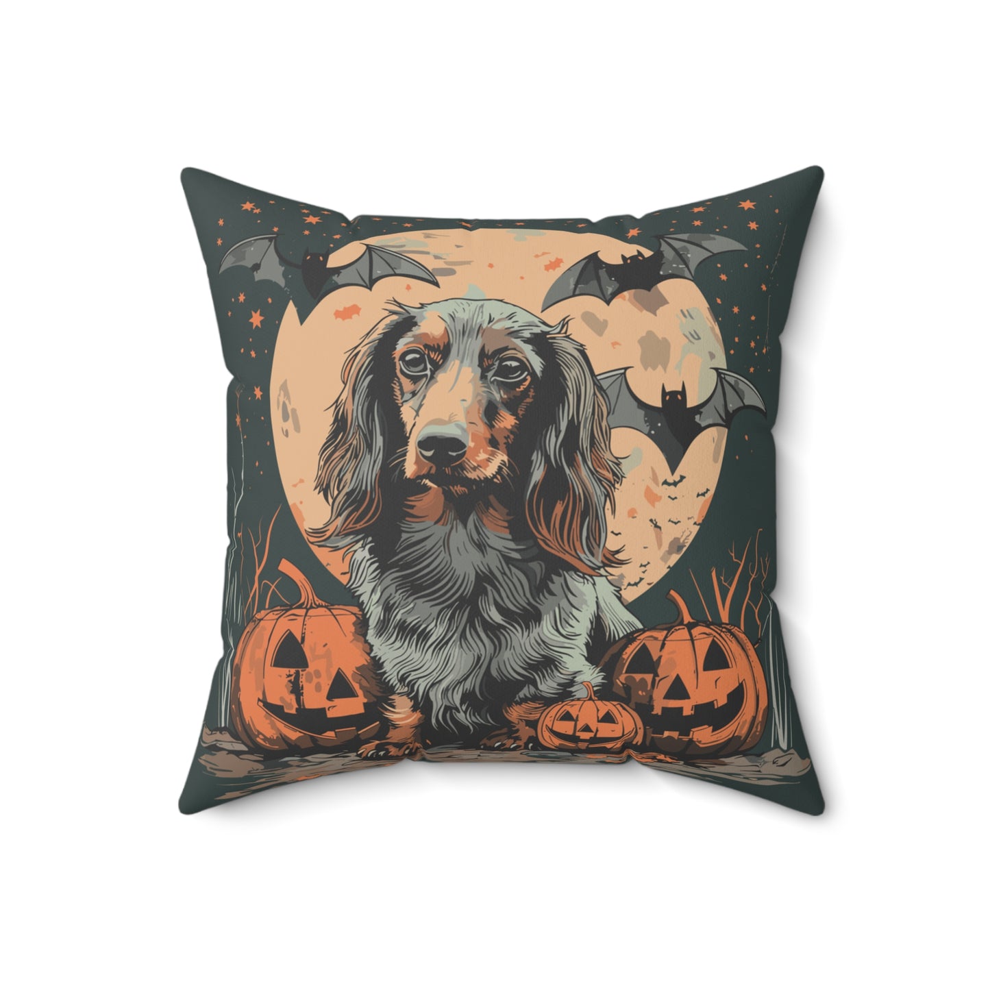 #12 Halloween Inspired Black & Tan/Chocolate Long-Haired Dachshund Throw Pillow