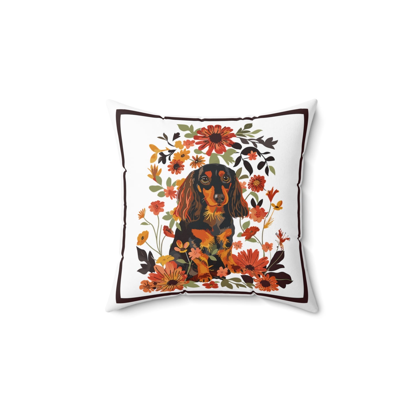 "Bouquet" Long-Haired Dachshund Square Throw Pillow