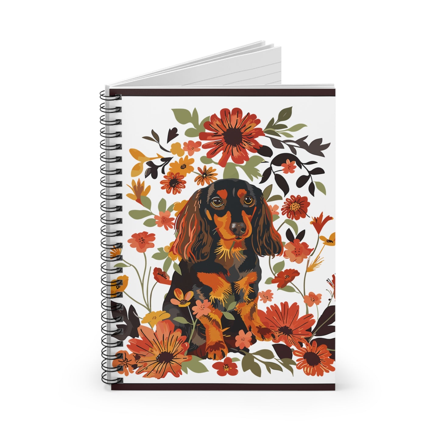 "Bouquet" Black & Tan Long-Haired Dachshund Ruled Line Spiral Notebook