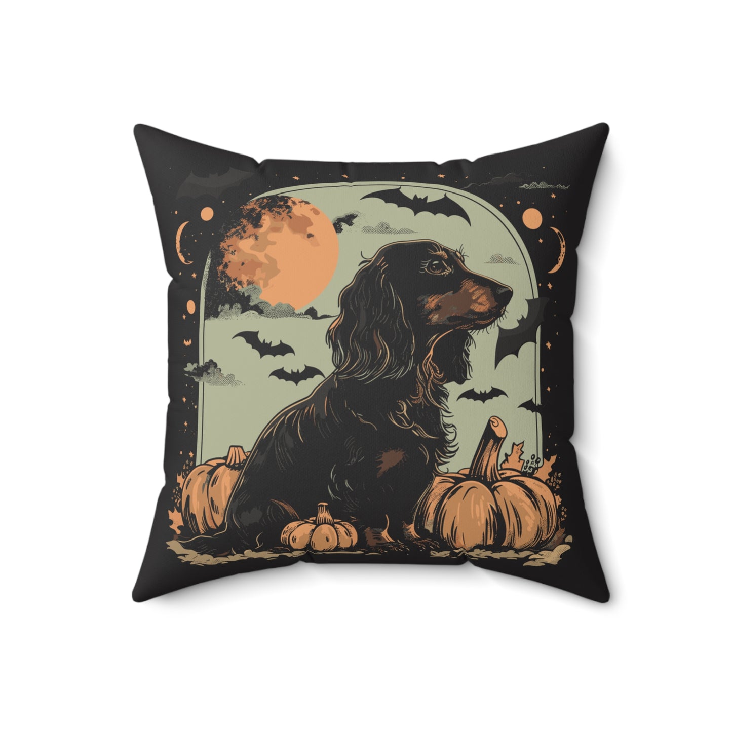 #18 Halloween Inspired Black & Tan Long-Haired Dachshund Throw Pillow