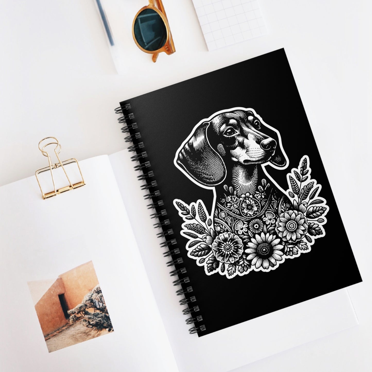 "#1 Floral Print" Black & Tan Smooth-Haired Dachshund Ruled Line Spiral Notebook