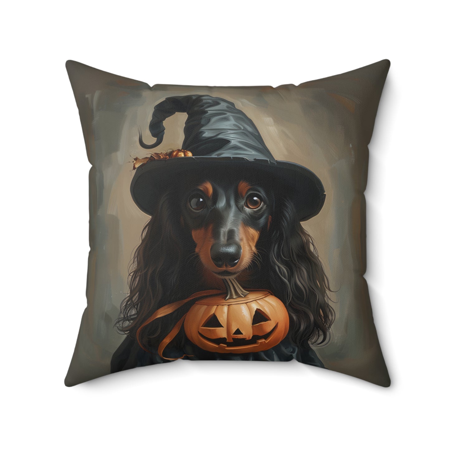#14 Halloween Inspired Black & Tan Long-Haired Dachshund Throw Pillow