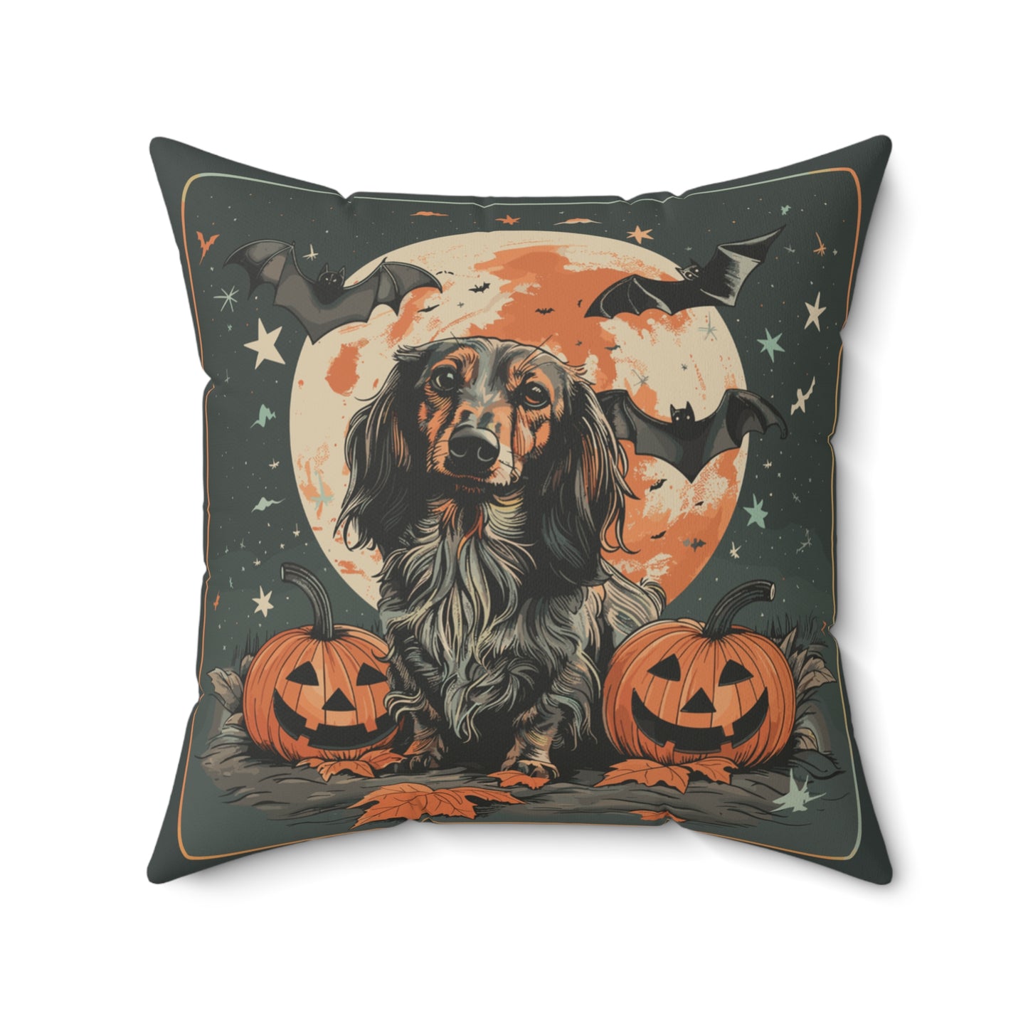 #11 Halloween Inspired Black & Tan/Red/Chocolate Long-Haired Dachshund Throw Pillow