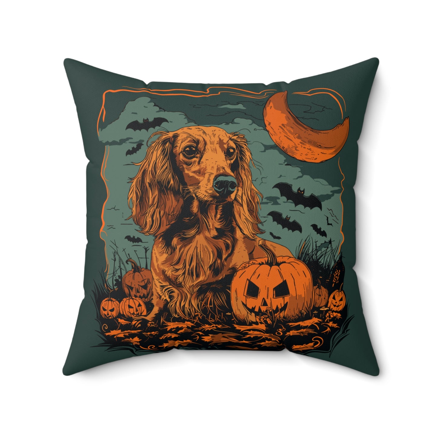 #16 Halloween Inspired Red/Tan Long-Haired Dachshund Throw Pillow