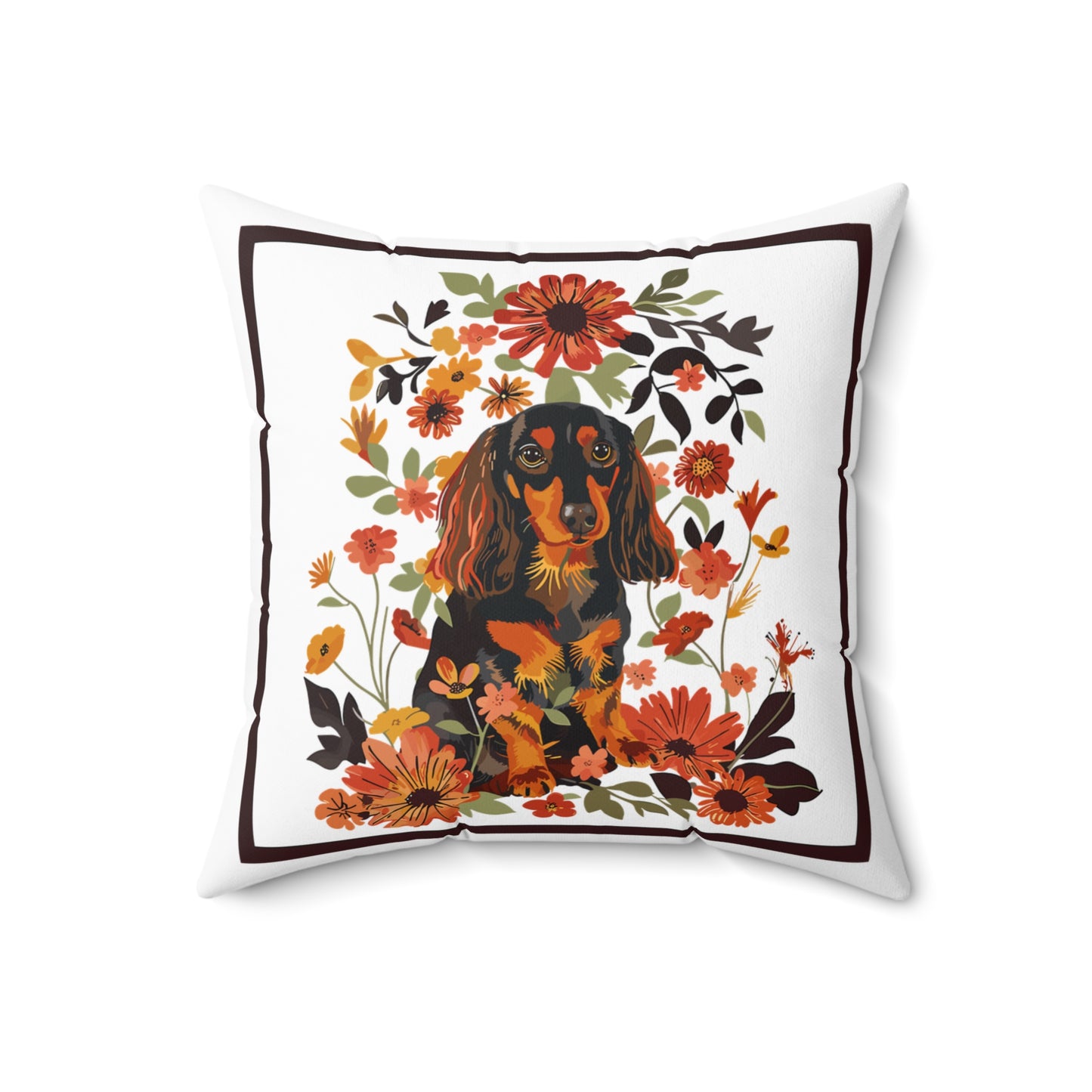 "Bouquet" Long-Haired Dachshund Square Throw Pillow
