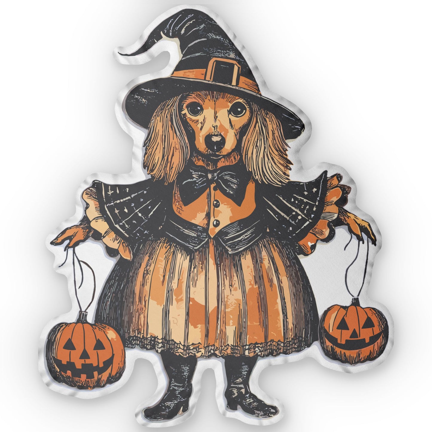 #18 Vintage Halloween Inspired Cream-Colored Long-Haired Dachshund Custom Shaped Pillow