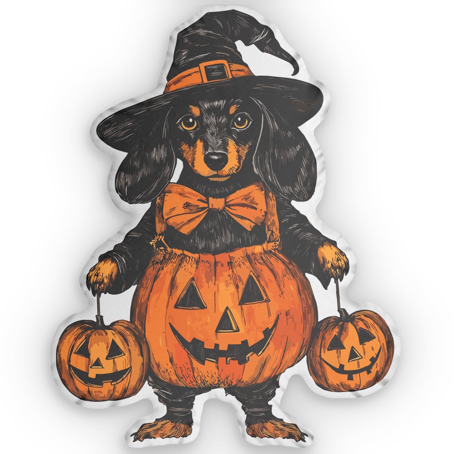 #23 Vintage Halloween Inspired Black & Tan Long-Haired Dachshund Custom Shaped Pillow