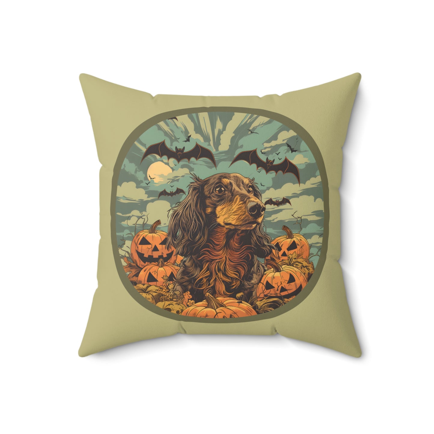 #17 Halloween Inspired Black & Tan/Chocolate Long-Haired Dachshund Throw Pillow