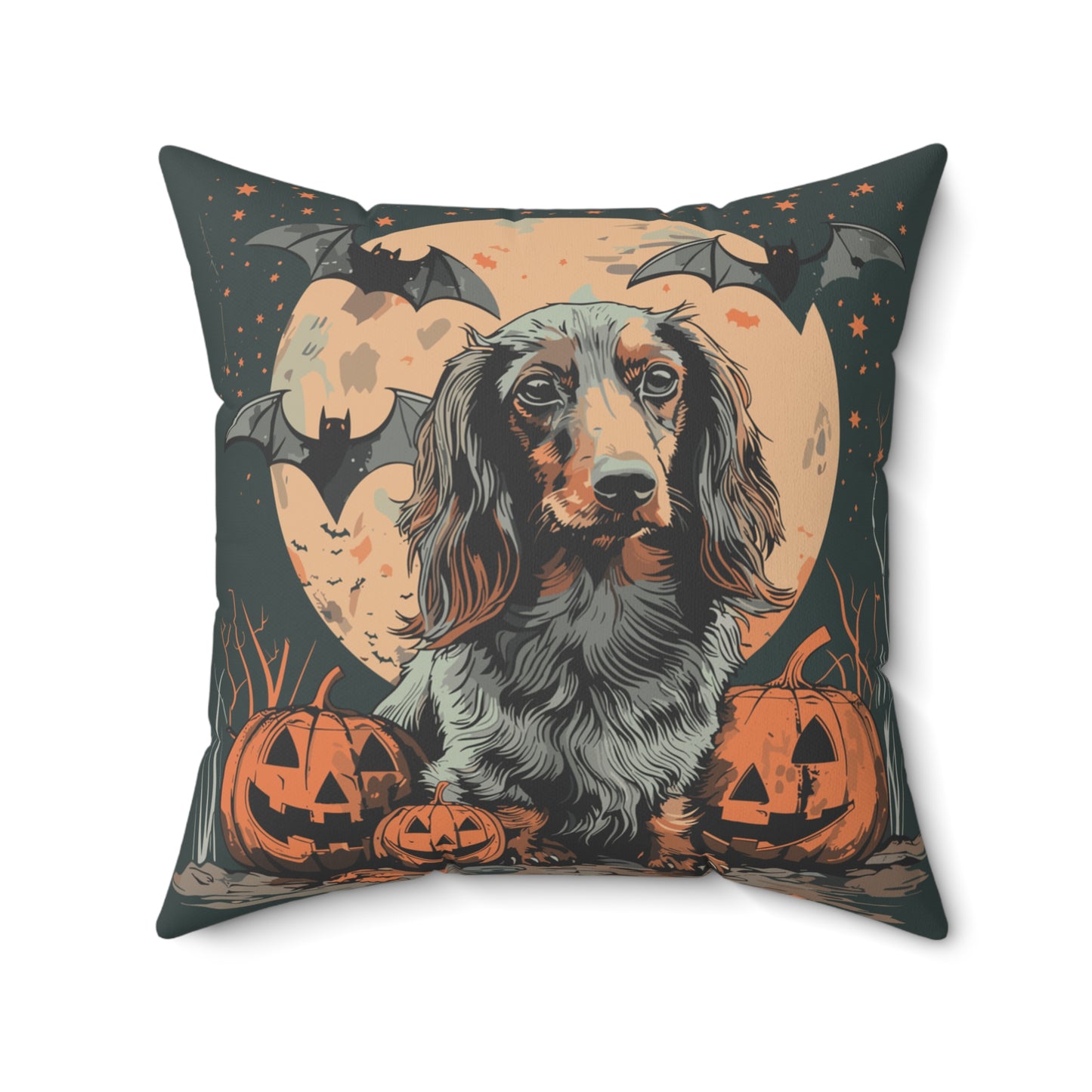 #12 Halloween Inspired Black & Tan/Chocolate Long-Haired Dachshund Throw Pillow
