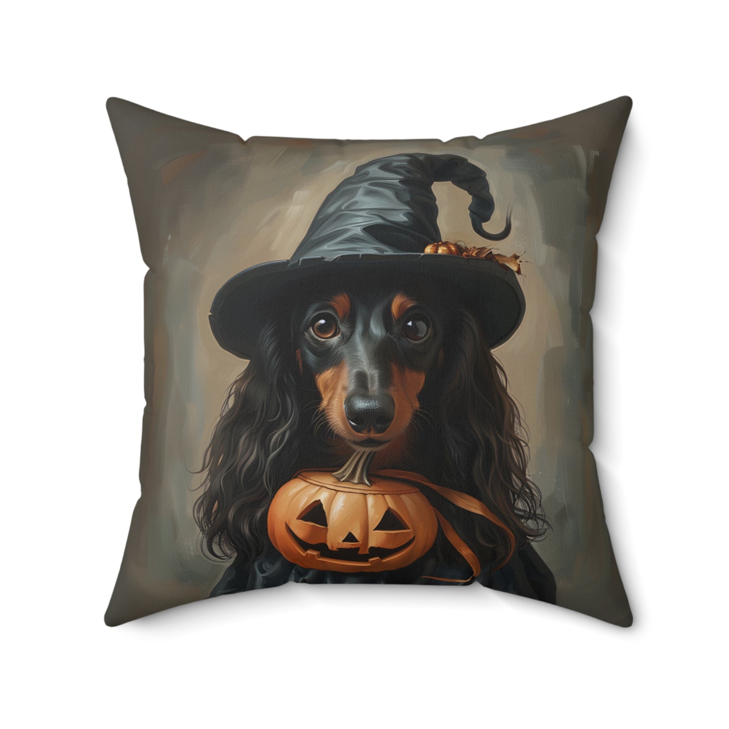 #14 Halloween Inspired Black & Tan Long-Haired Dachshund Throw Pillow