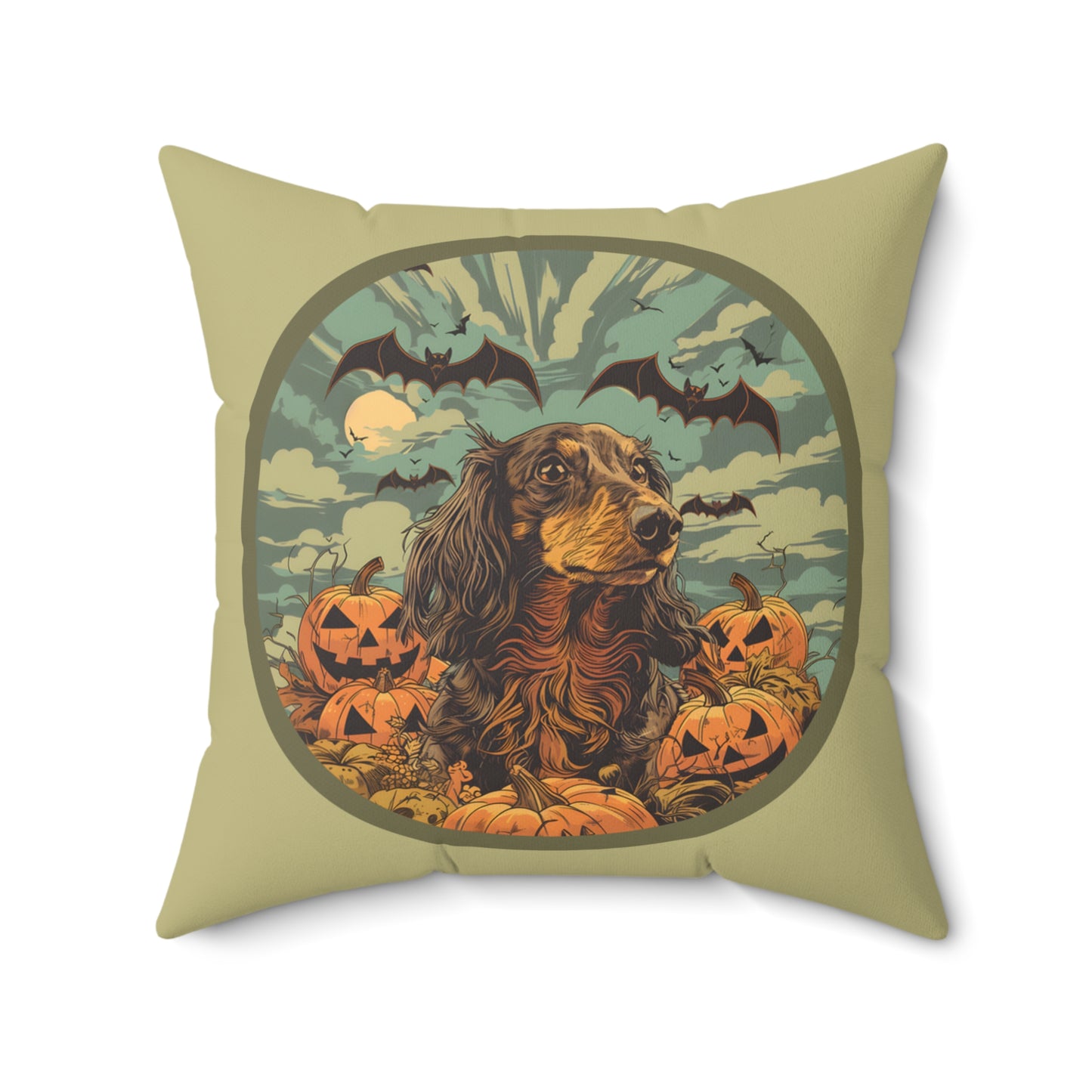 #17 Halloween Inspired Black & Tan/Chocolate Long-Haired Dachshund Throw Pillow