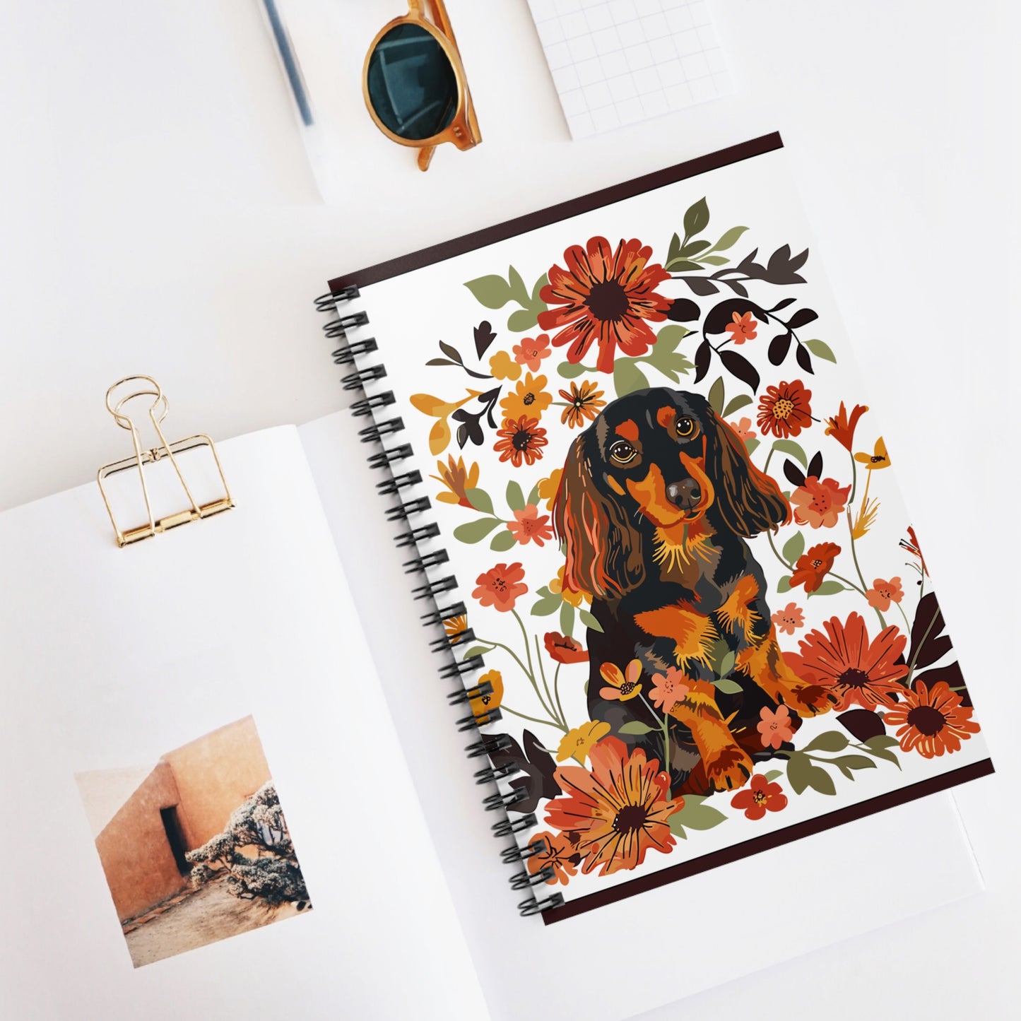 "Bouquet" Black & Tan Long-Haired Dachshund Ruled Line Spiral Notebook