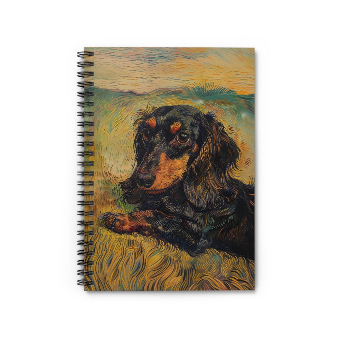 "Gogh" Black & Tan Long-Haired Dachshund Ruled Line Spiral Notebook