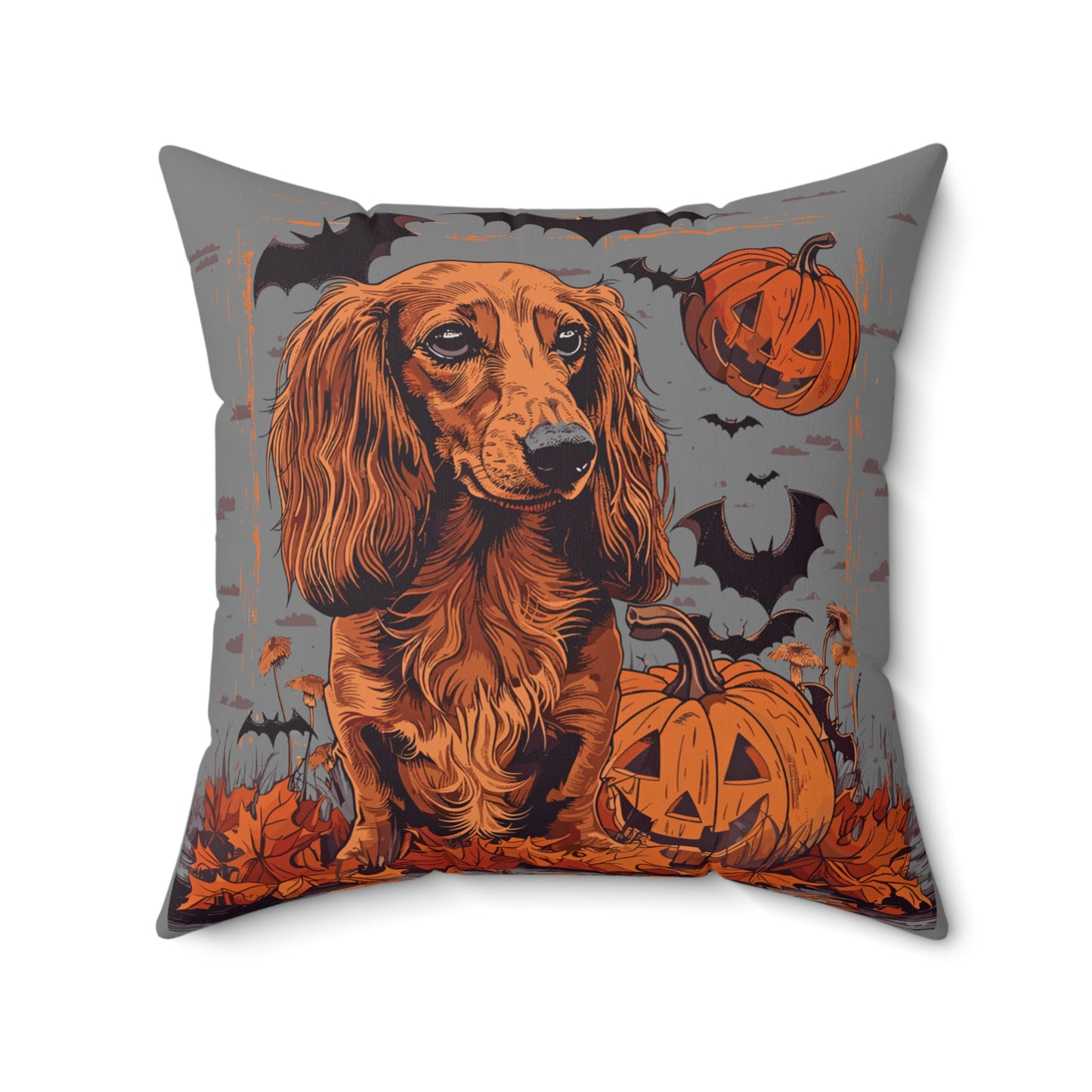 #24 Halloween Inspired Red Long-Haired Dachshund Throw Pillow