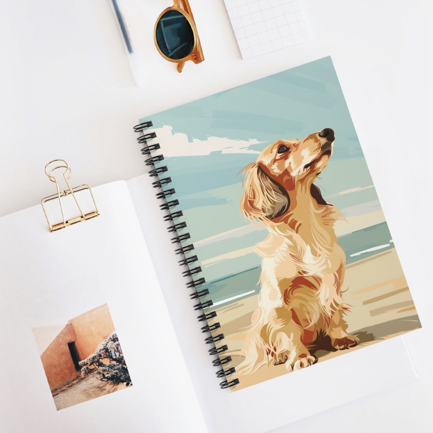 "Ocean Breeze" Cream-Colored Long-Haired Dachshund Ruled Line Spiral Notebook