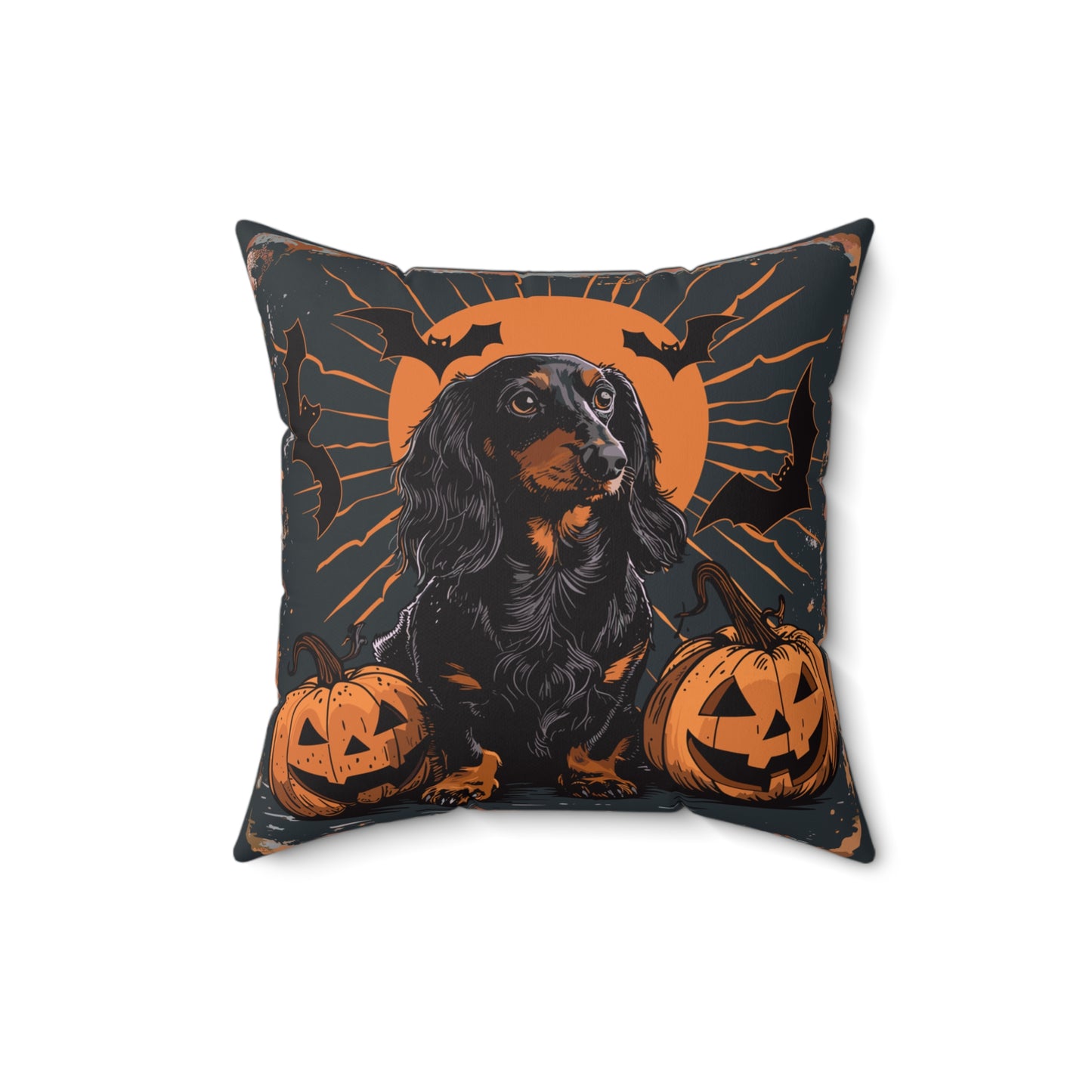 #23 Halloween Inspired Black & Tan Long-Haired Dachshund Throw Pillow