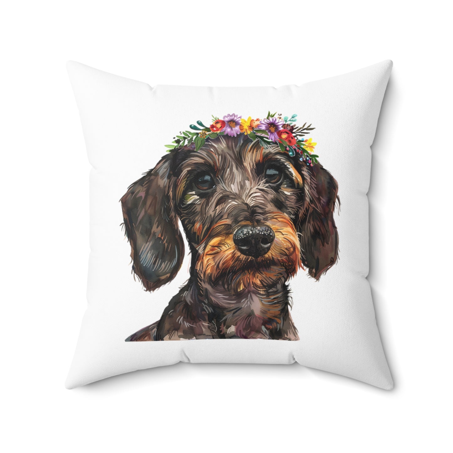"Flower Field" Wire-Haired Dachshund Square Throw Pillow