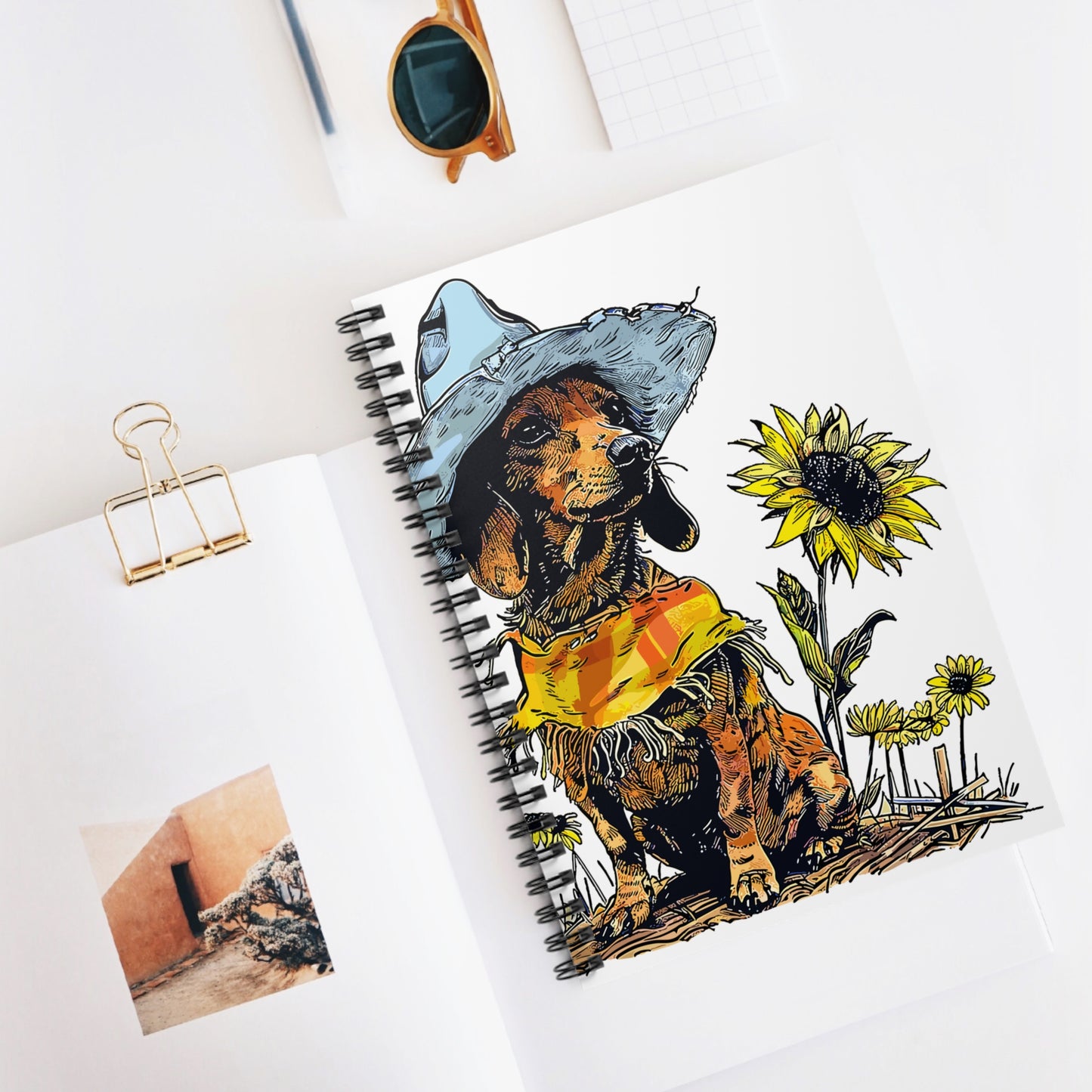 "Sunflowers" Tan Smooth-Haired Dachshund Ruled Line Spiral Notebook