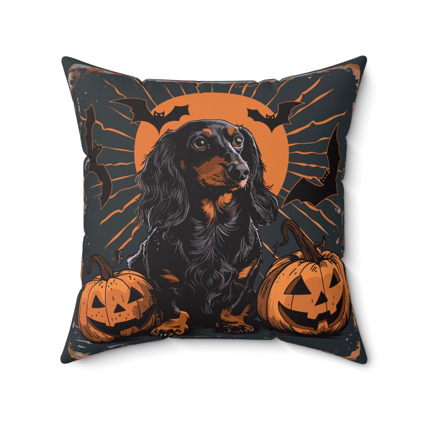 #23 Halloween Inspired Black & Tan Long-Haired Dachshund Throw Pillow
