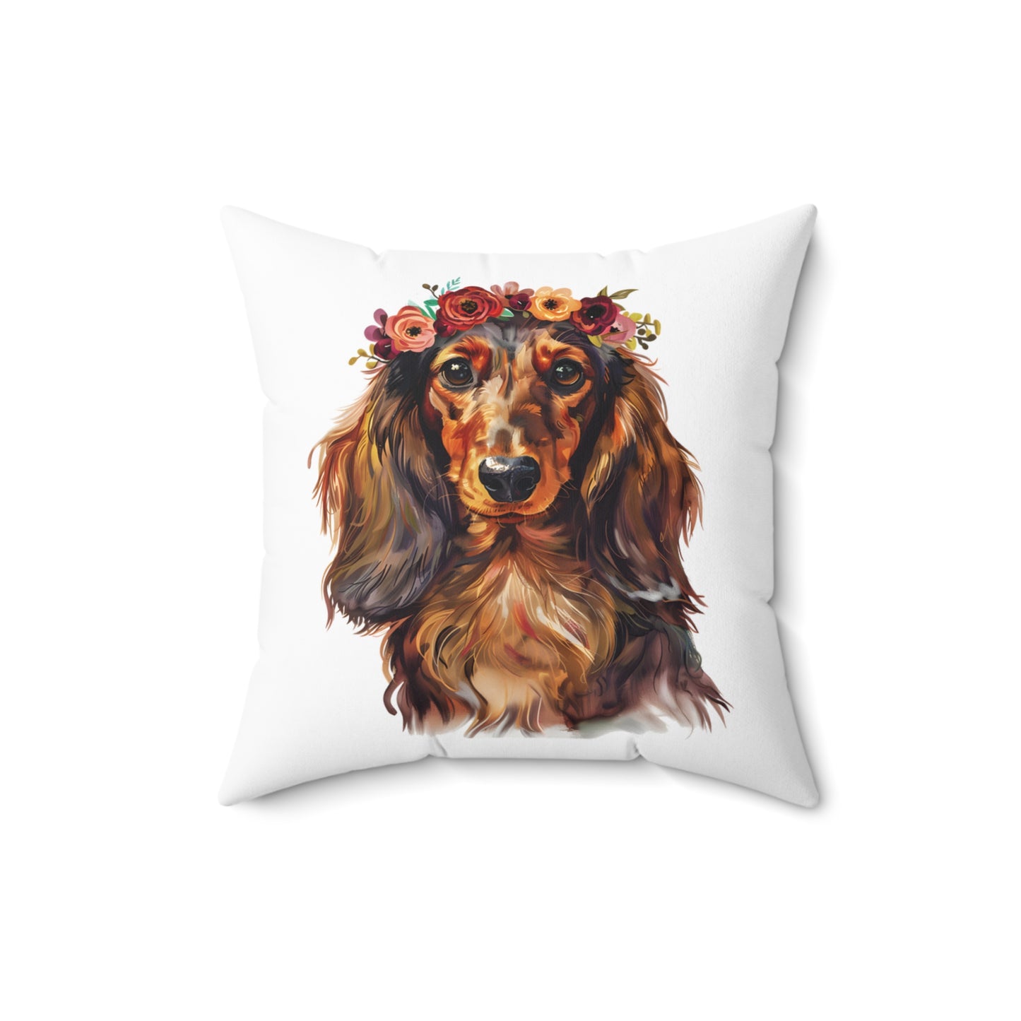 "Rubies" Long-Haired Dachshund Square Throw Pillow