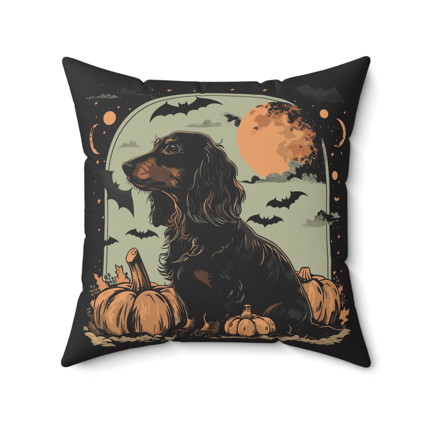 #18 Halloween Inspired Black & Tan Long-Haired Dachshund Throw Pillow