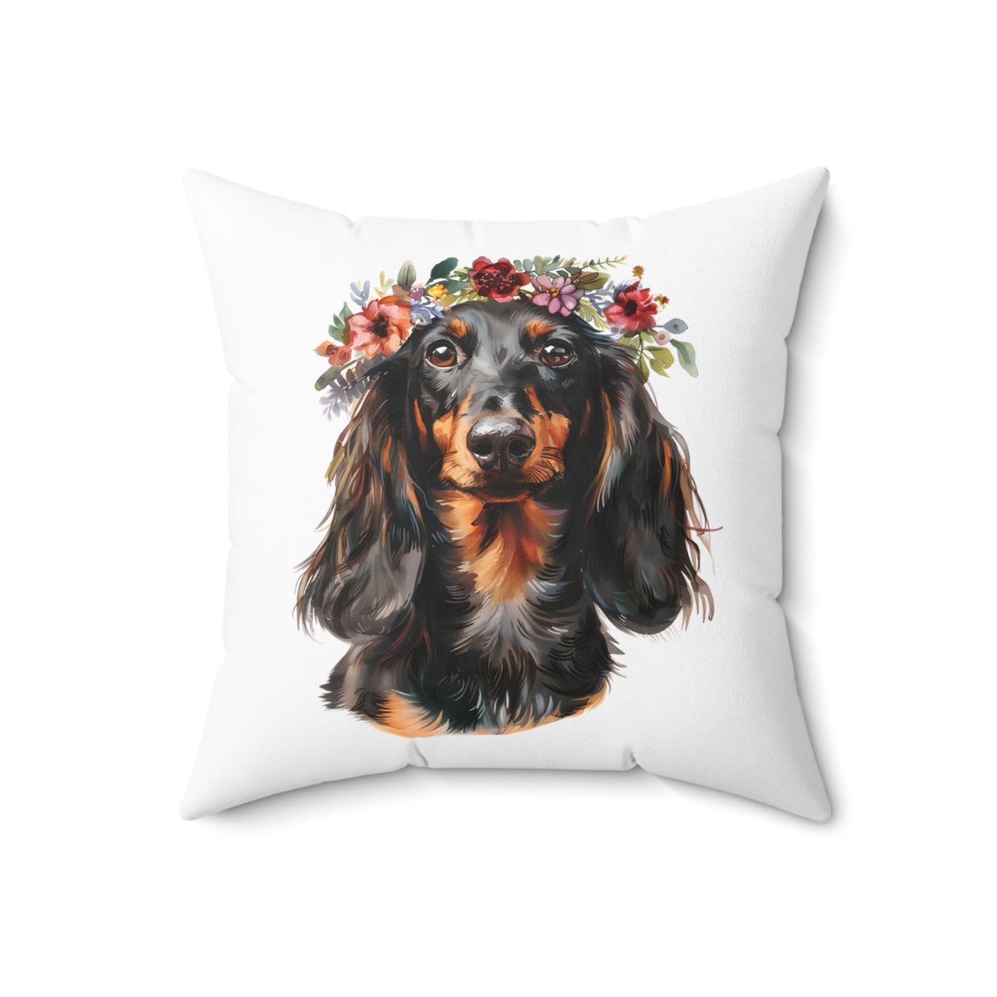 "Soft" Black & Tan Long-Haired Dachshund Square Throw Pillow