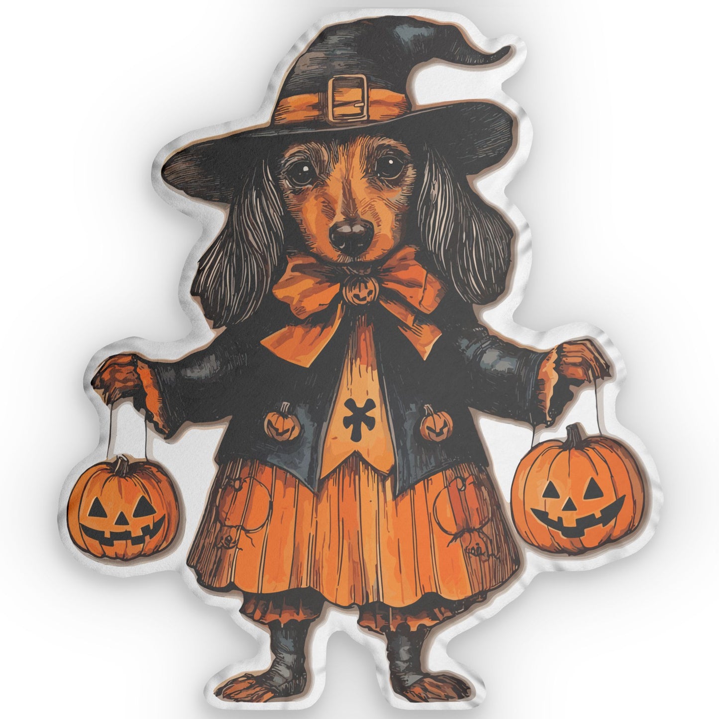 #25 Vintage Halloween Inspired Black & Tan Smooth-Haired Dachshund Custom Shaped Pillow