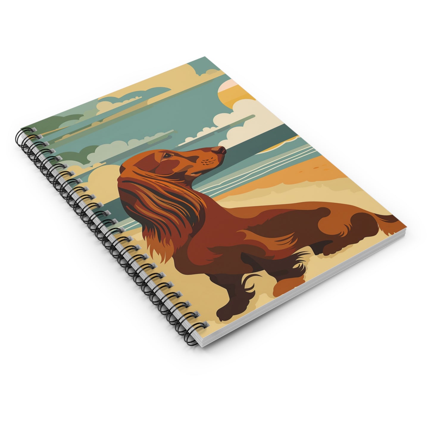 "Sunny Day" Red Long-Haired Dachshund Ruled Line Spiral Notebook
